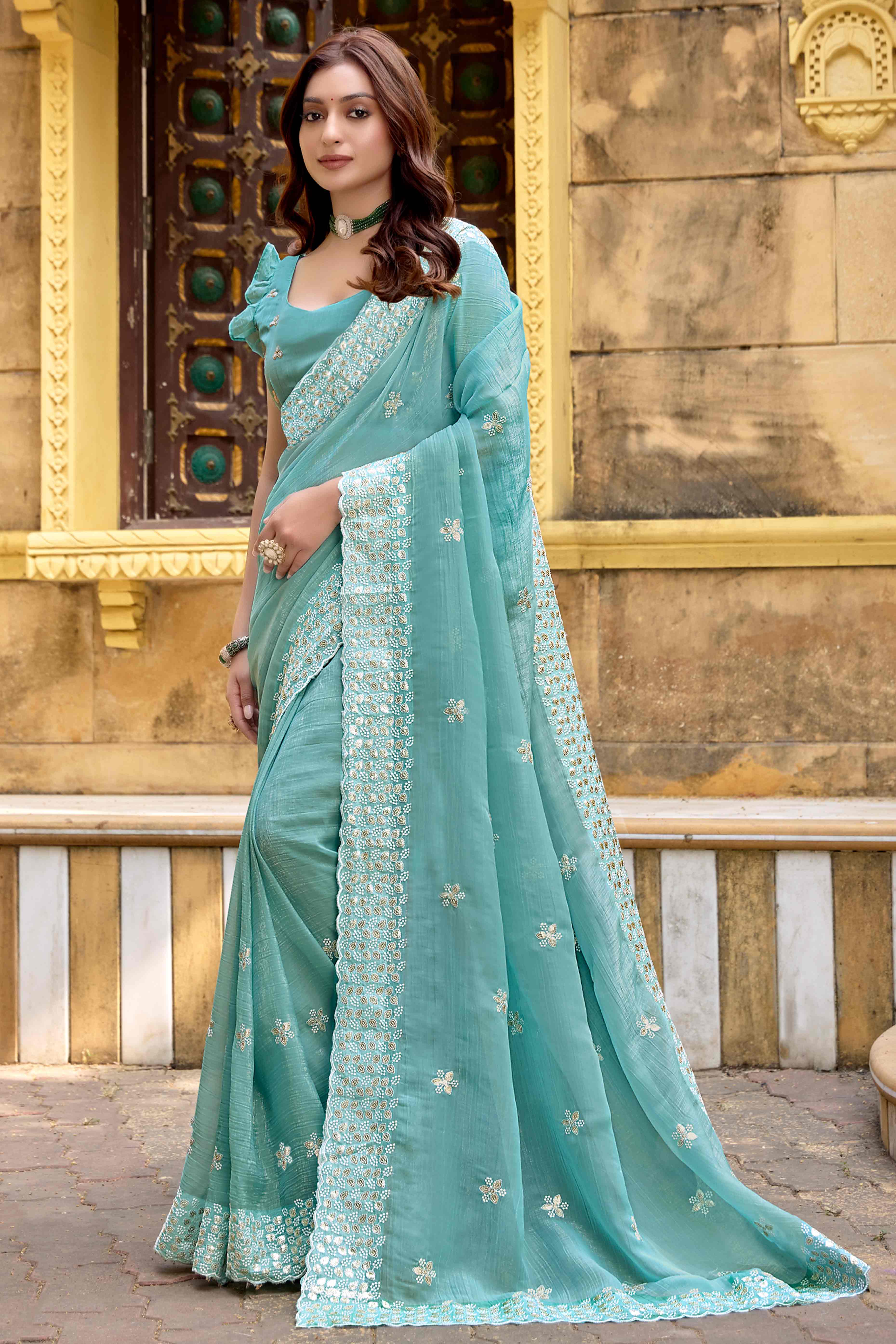 Turquoise Floral Sequins Embroidered Chiffon Saree