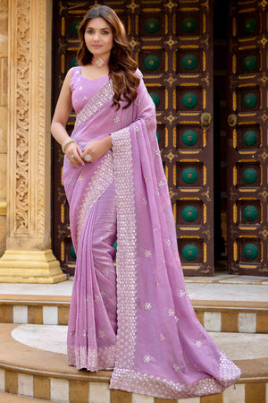 Light Purple Floral Sequins Embroidered Chiffon Saree