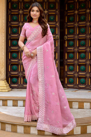 Pink Floral Sequins Embroidered Chiffon Saree