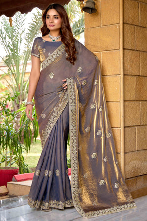 Grey & Gold Floral Gota Patti Work Satin Saree