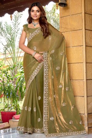 Green & Gold Floral Gota Patti Work Satin Saree