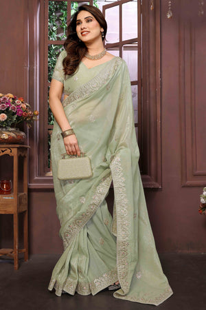 Green Crunchy Saree With Enchanting Floral Gota Patti Work