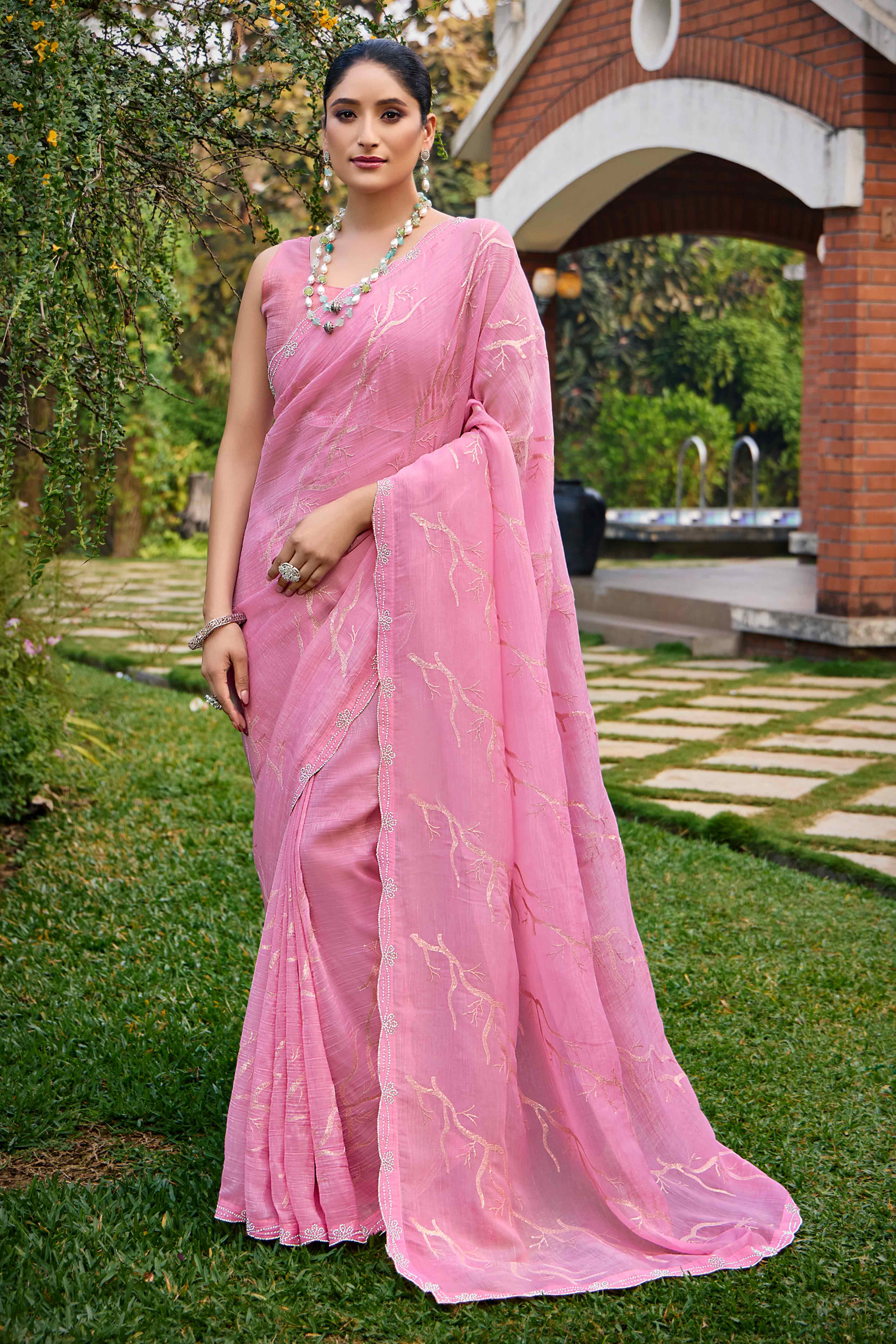 Pink Sequins With Zarkan Work Chiffon Saree