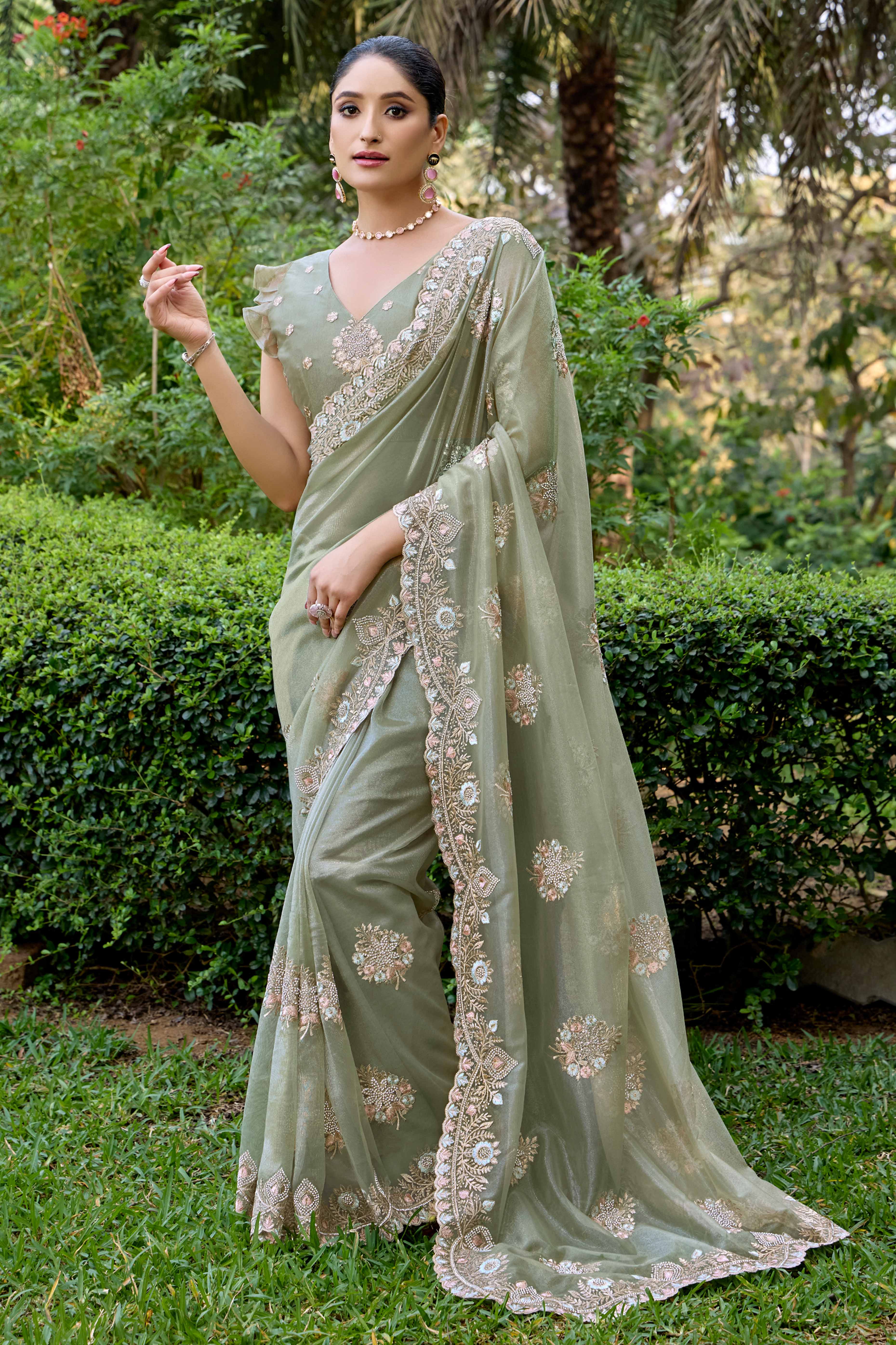 Green Floral Embroidery With Zarkan Organza Net Saree