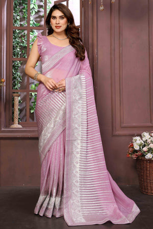 Swarovski Work Saree In Onion Pink With Delicate Floral Zari Border