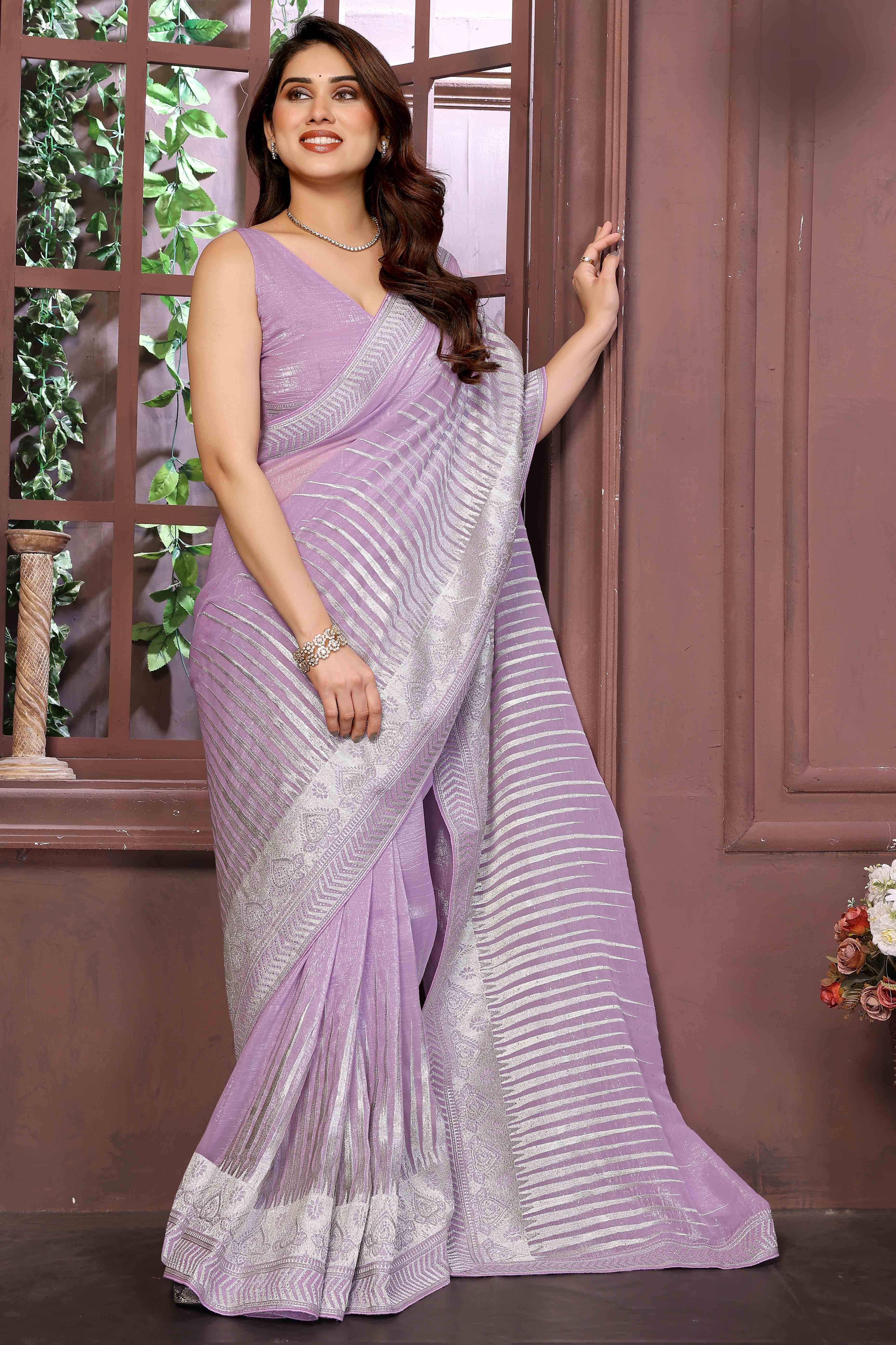 Swarovski Work Saree In Light Purple With Delicate Floral Zari Border