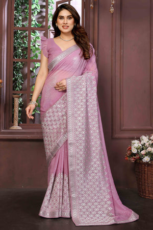 Onion Pink Crunchy Saree With Swarovski Sparkle & Floral Zari Grace