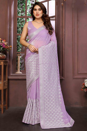 Light Purple Crunchy Saree With Swarovski Sparkle & Floral Zari Grace