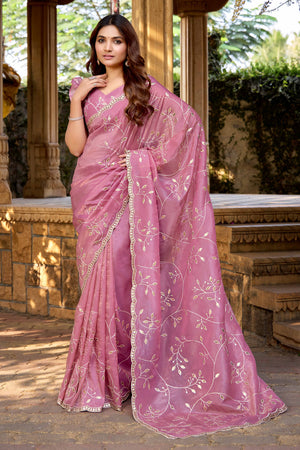 Pink Floral Sequins Embroidery With Gota Patti Work Paper Silk Saree
