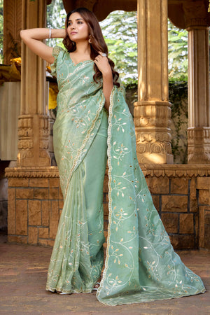 Green Floral Sequins Embroidery With Gota Patti Work Paper Silk Saree