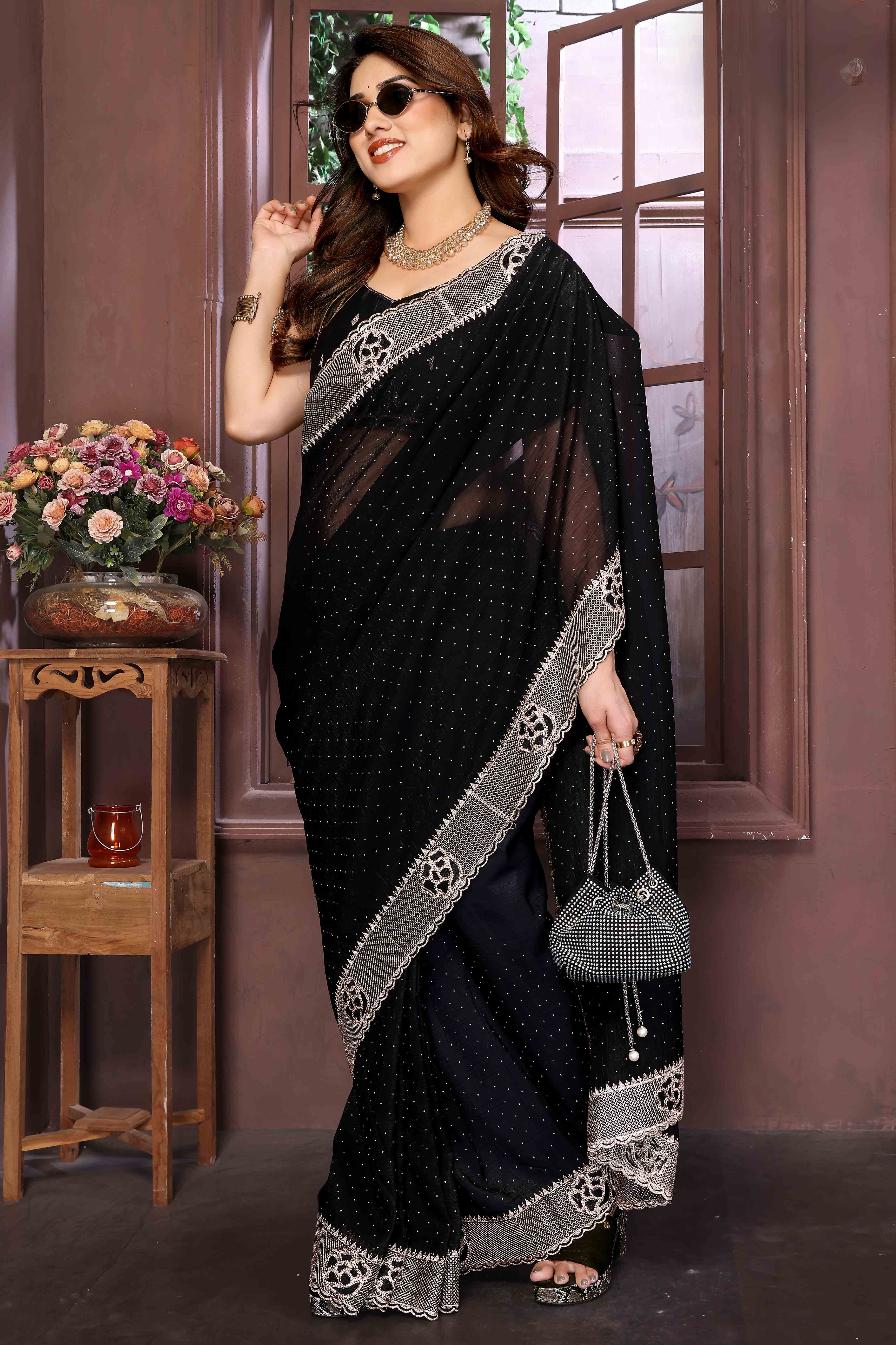 Black Crunchy Saree Adorned With Swarovski Sparkle & Floral Zari Elegance