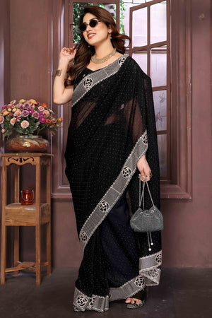 Black Crunchy Saree Adorned With Swarovski Sparkle & Floral Zari Elegance