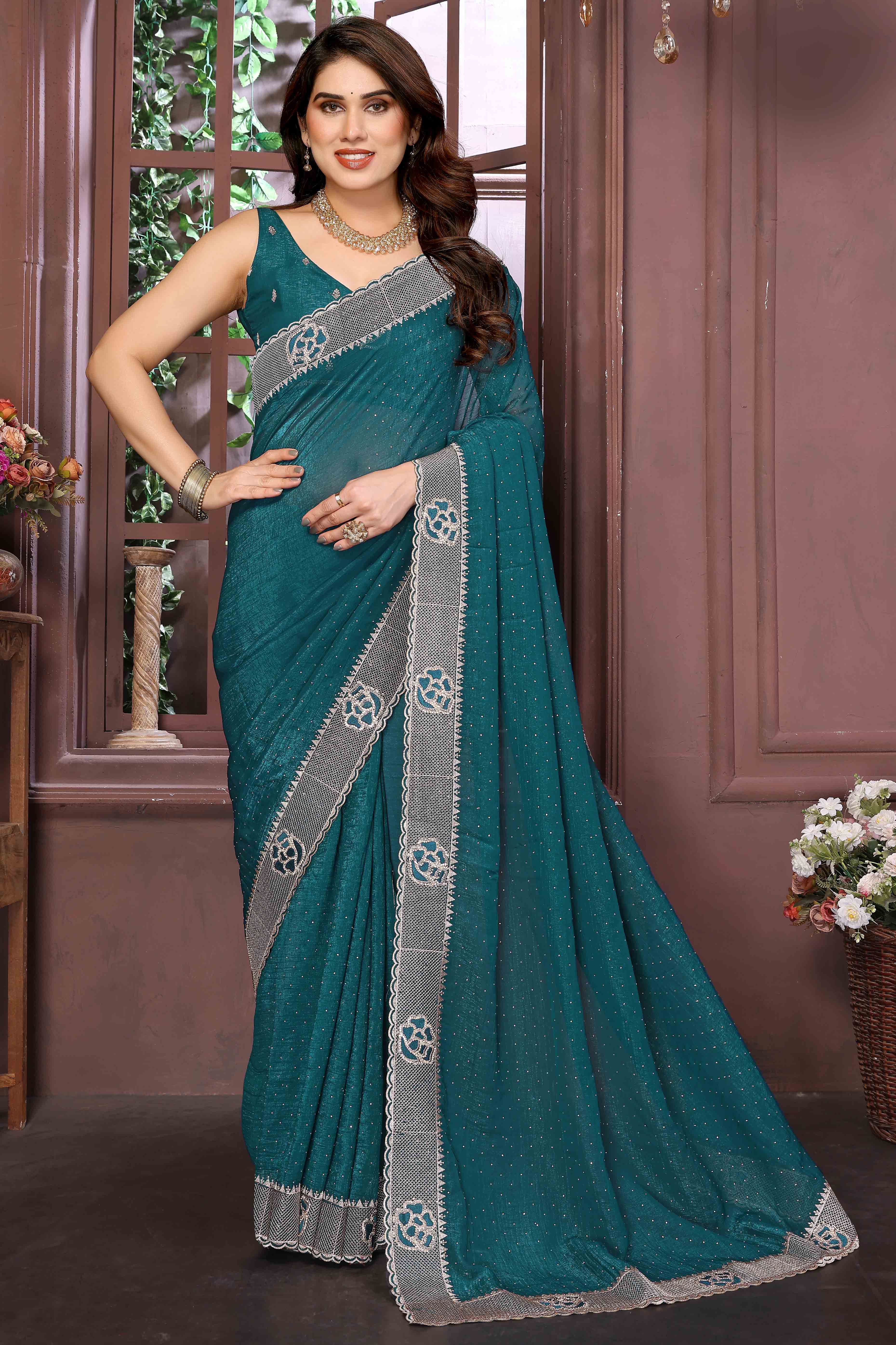 Teal Crunchy Saree Adorned With Swarovski Sparkle & Floral Zari Elegance