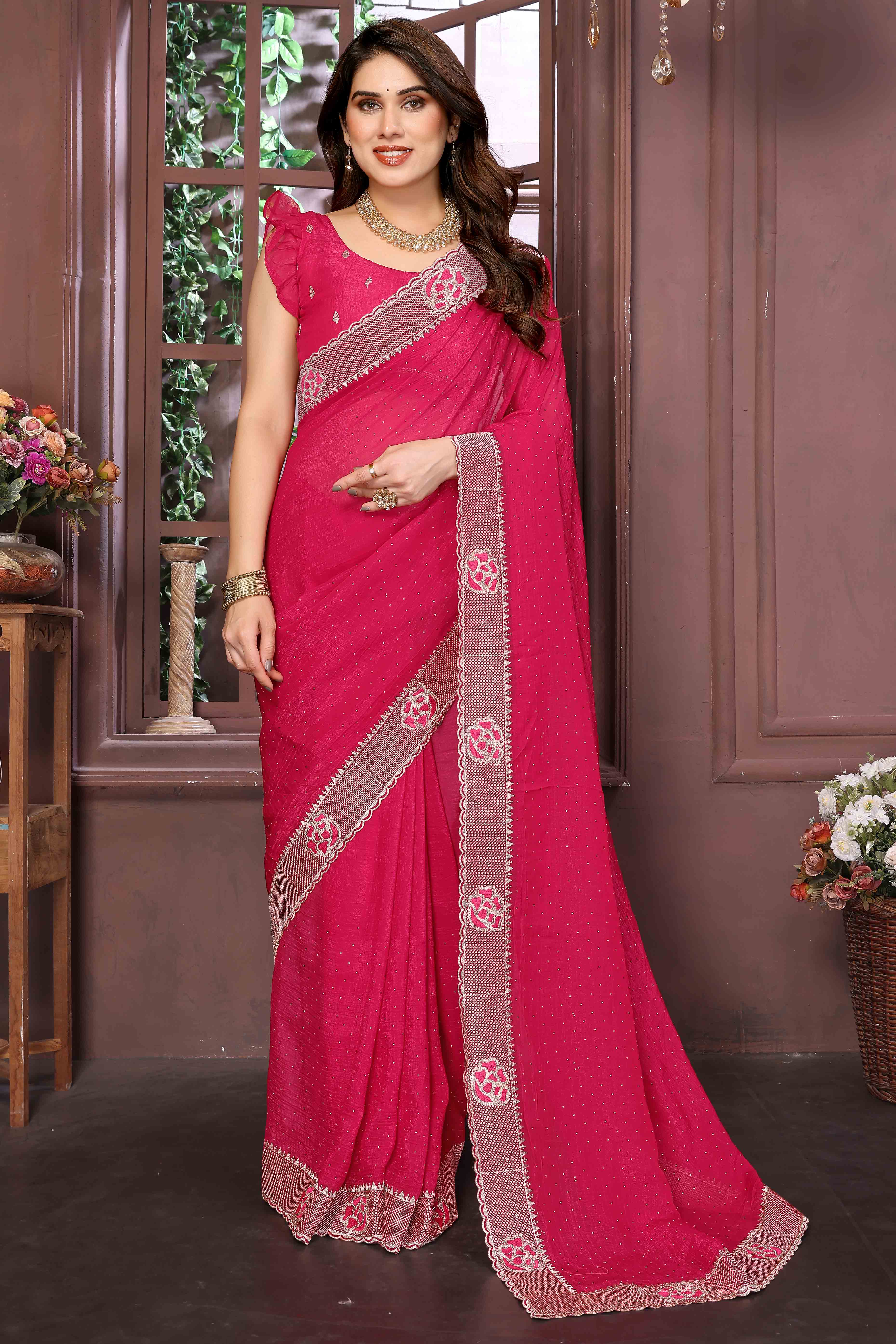 Pink Crunchy Saree Adorned With Swarovski Sparkle & Floral Zari Elegance