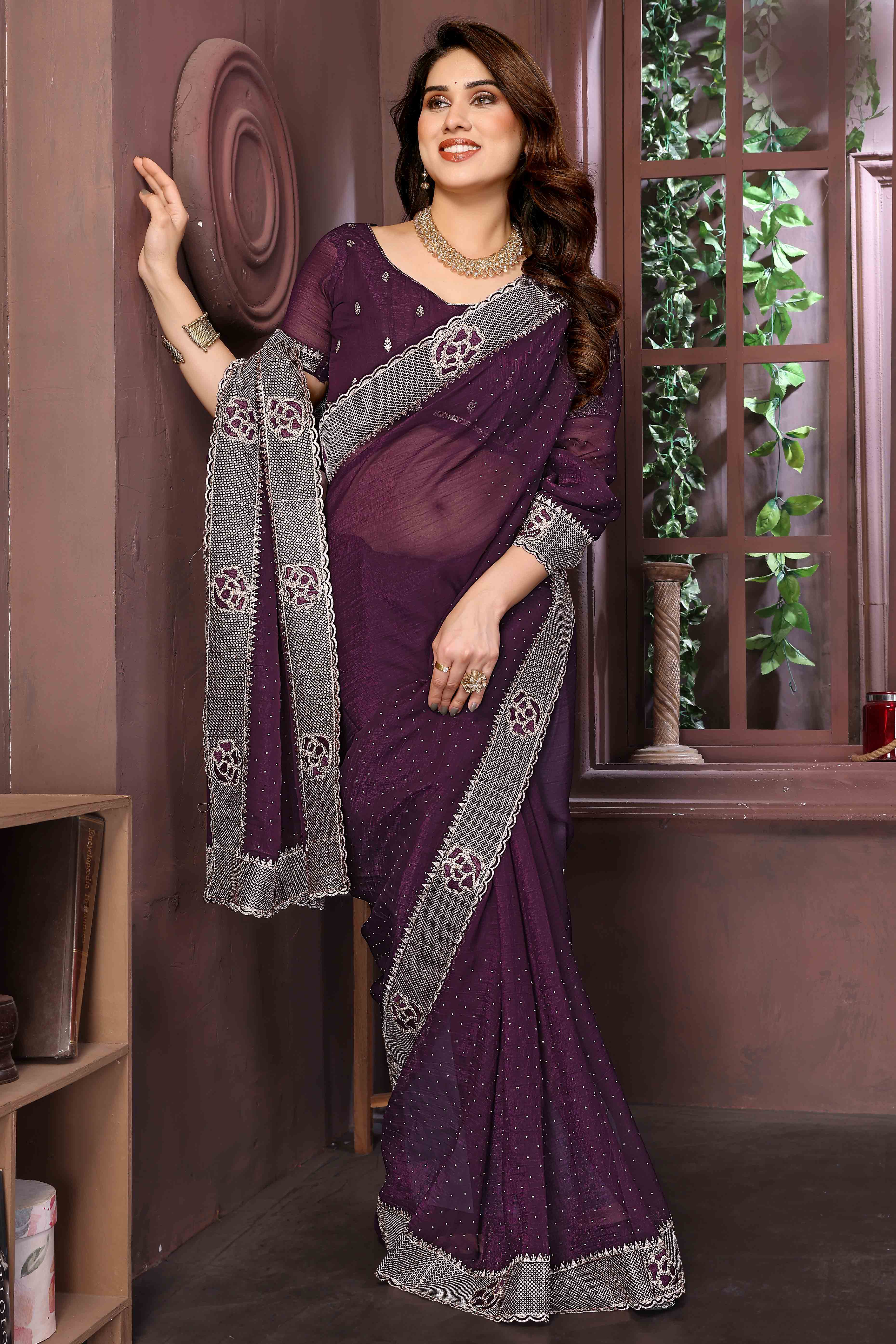 Wine Crunchy Saree Adorned With Swarovski Sparkle & Floral Zari Elegance