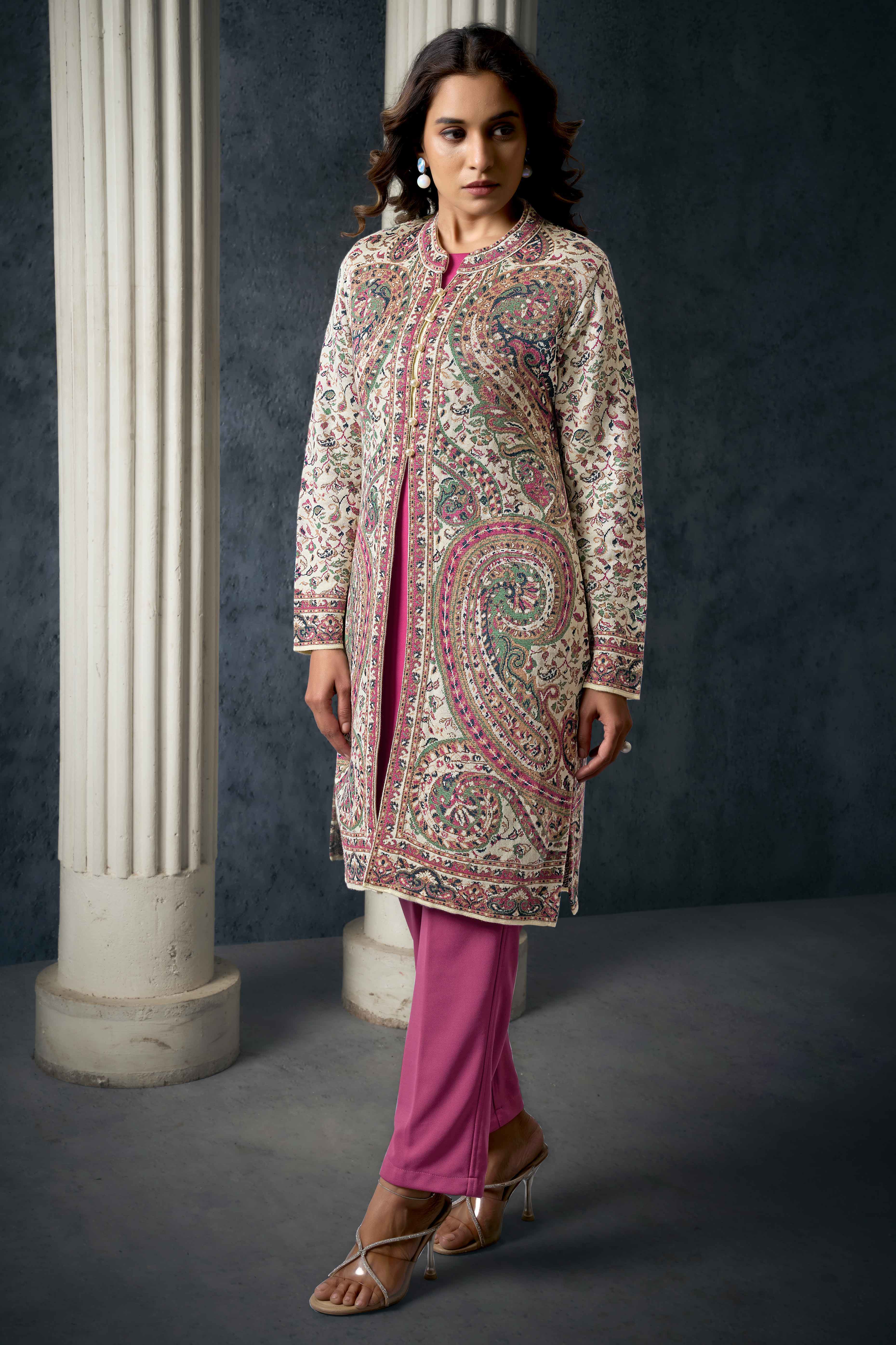 Cream Paisley Weaving Woolen Front Slit Top Bottom Set with Jacket