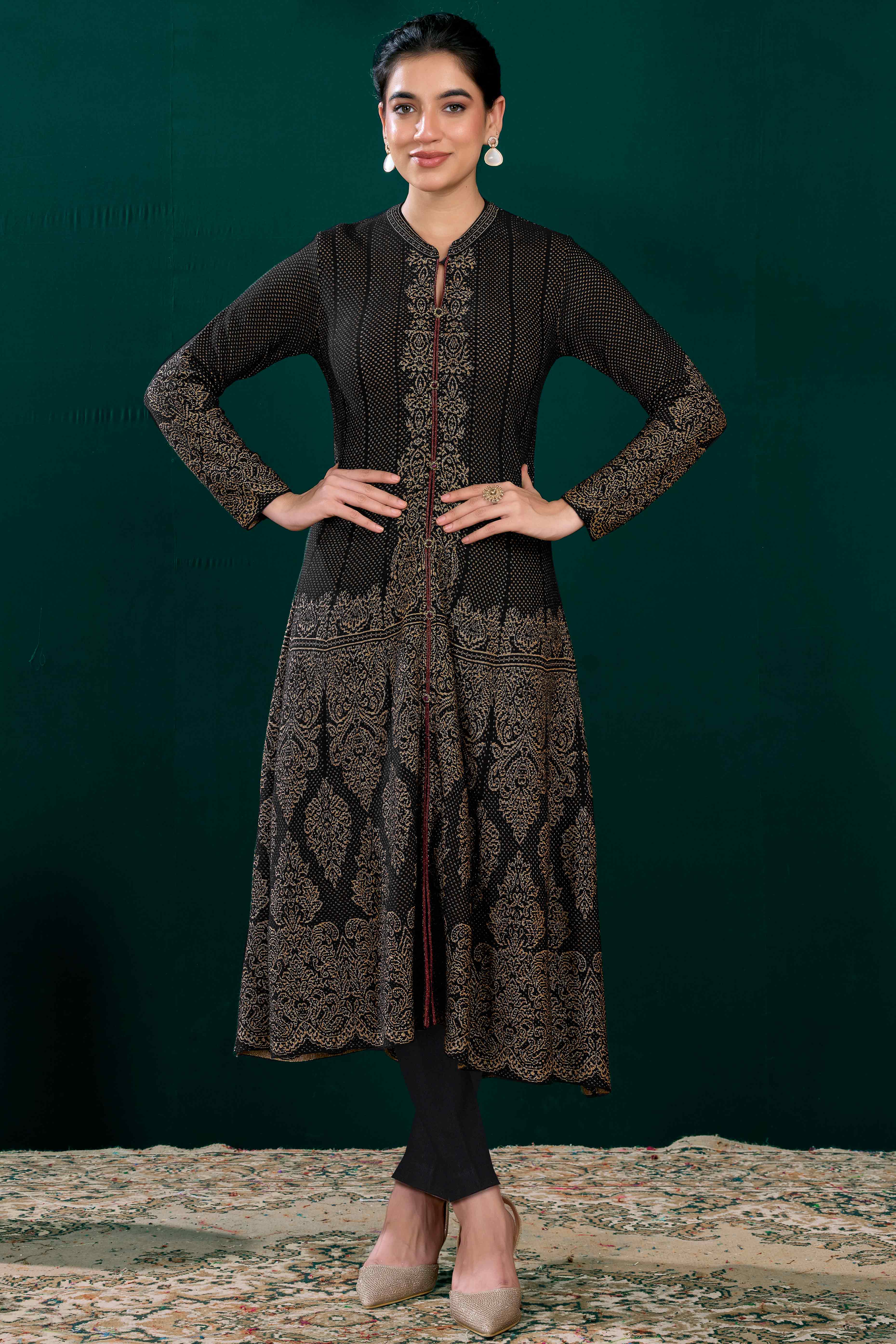 Black Floral Woven A-Line Salwar Suit