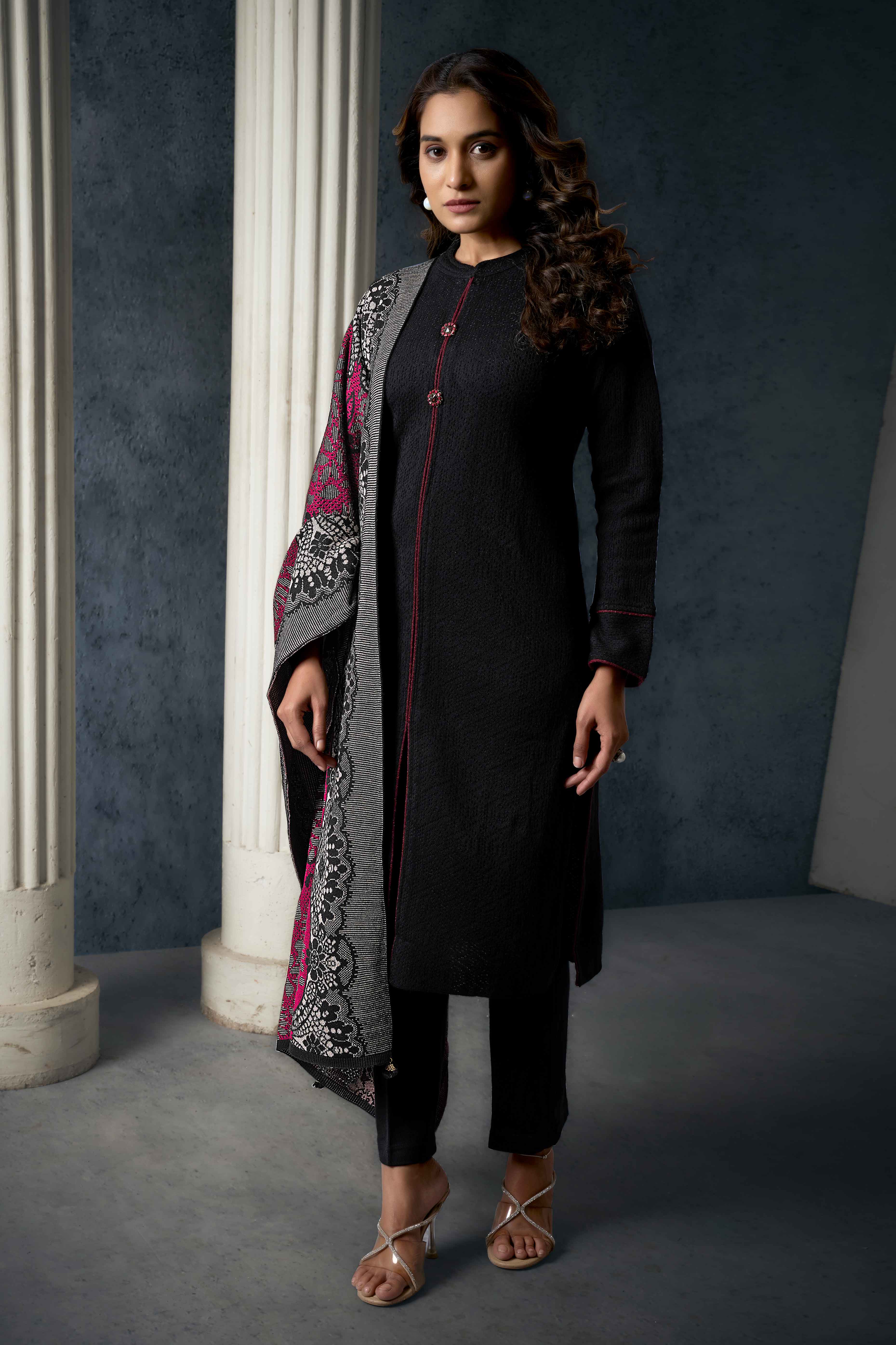 Black Weaving Woolen Front Slit Salwar Suit