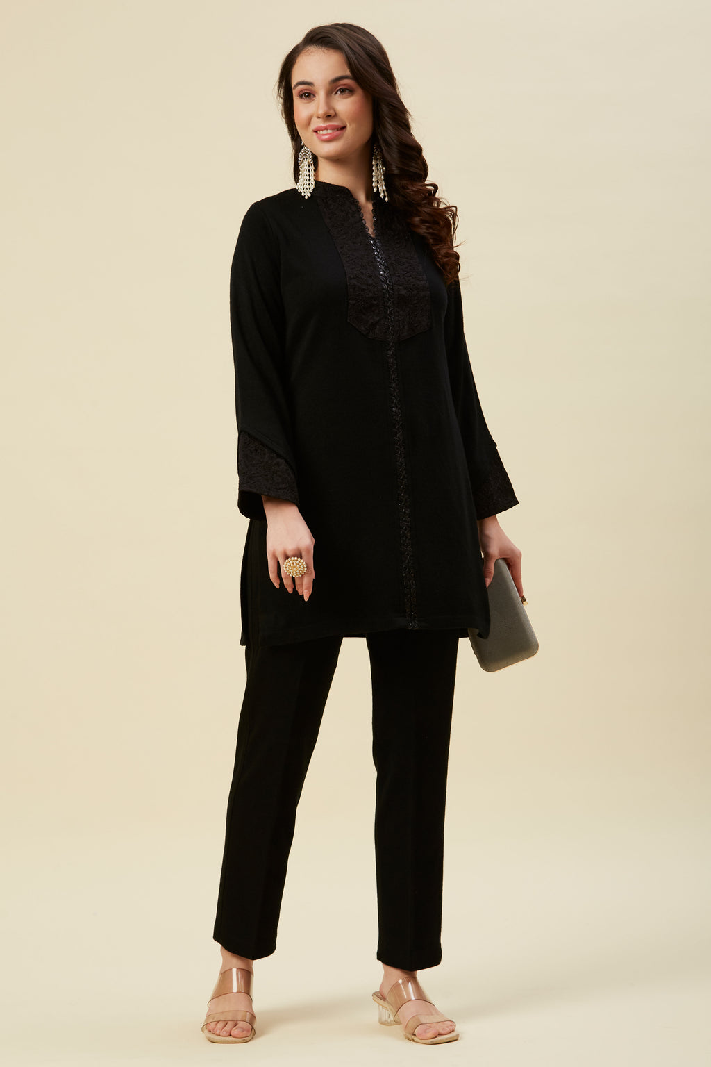 Black & Beige Woolen Long Length Embroidered Coord set with Stylish Shrug main image 1