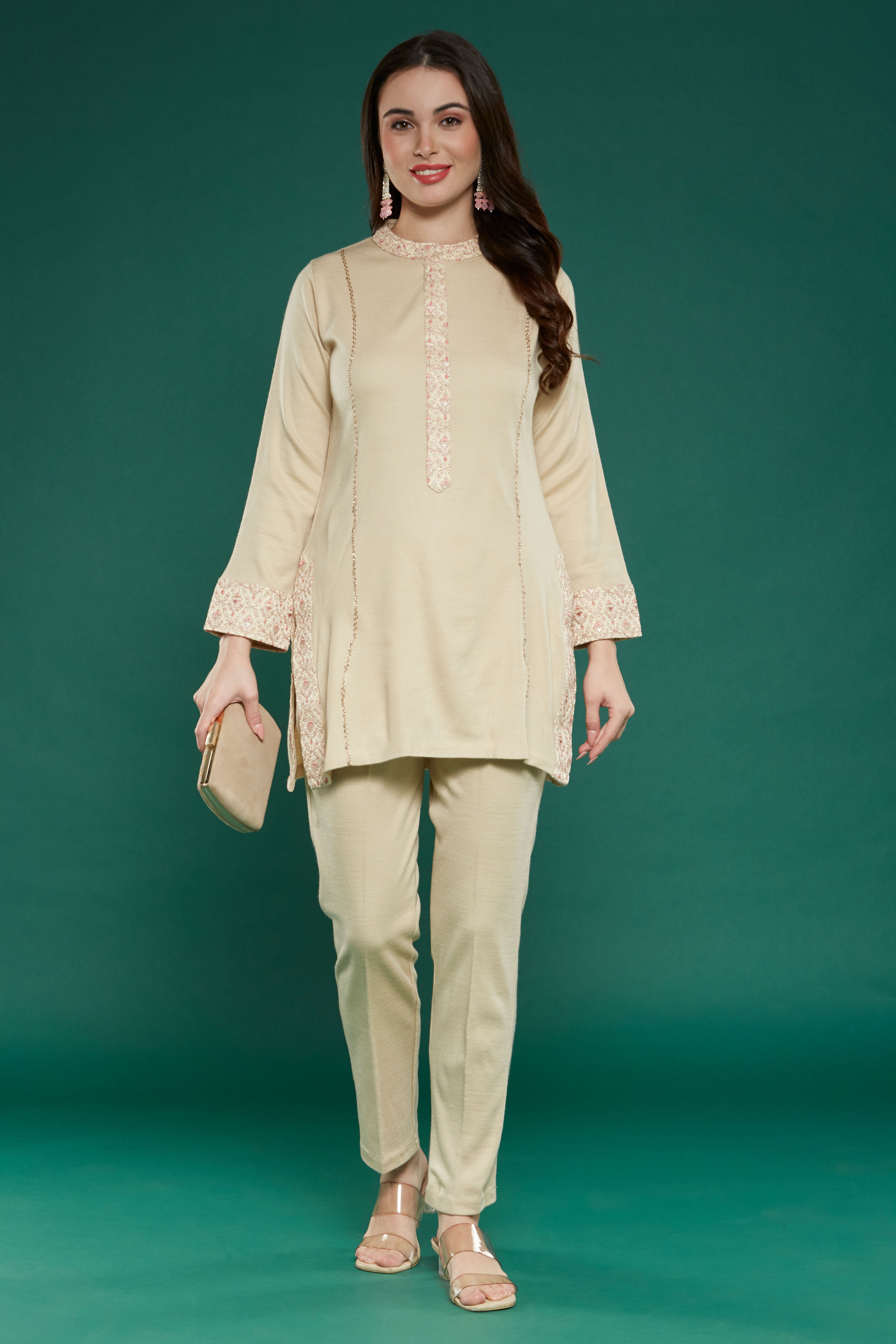 Beige Embroidered Woolen Straight Top Bottom Set