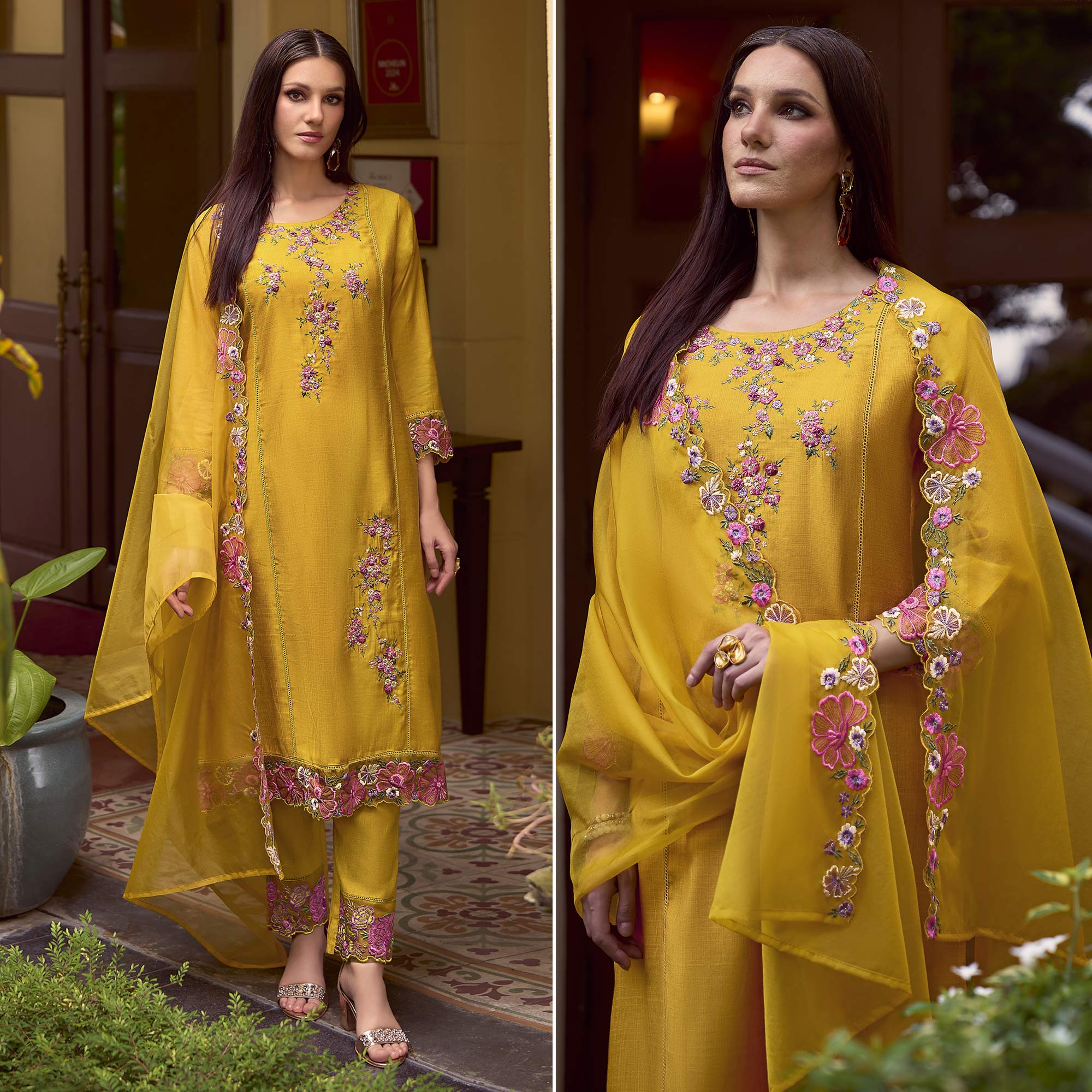 Mustard Floral Handwork Embroidered Viscose Salwar Suit