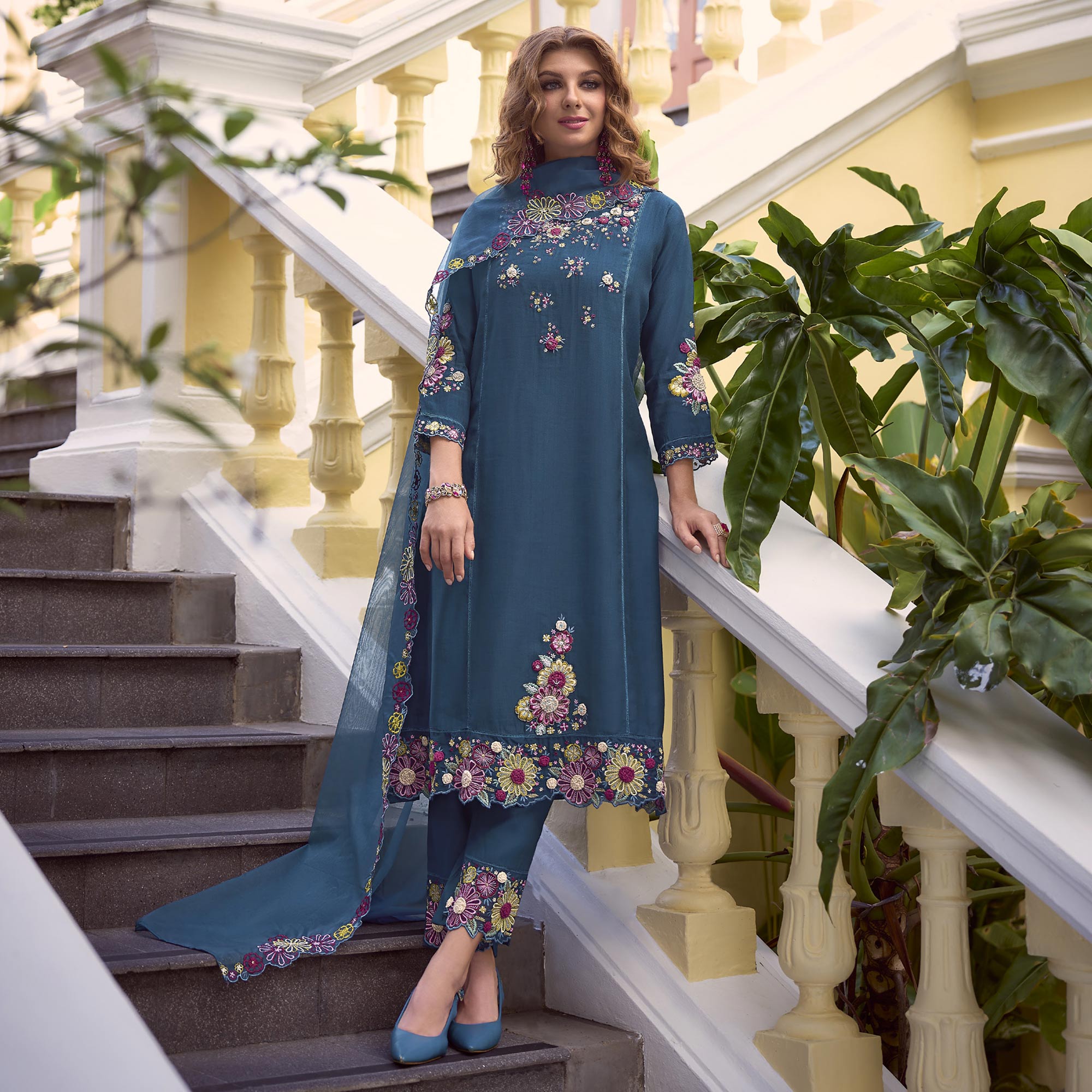 Teal Floral Handwork Embroidered Viscose Salwar Suit