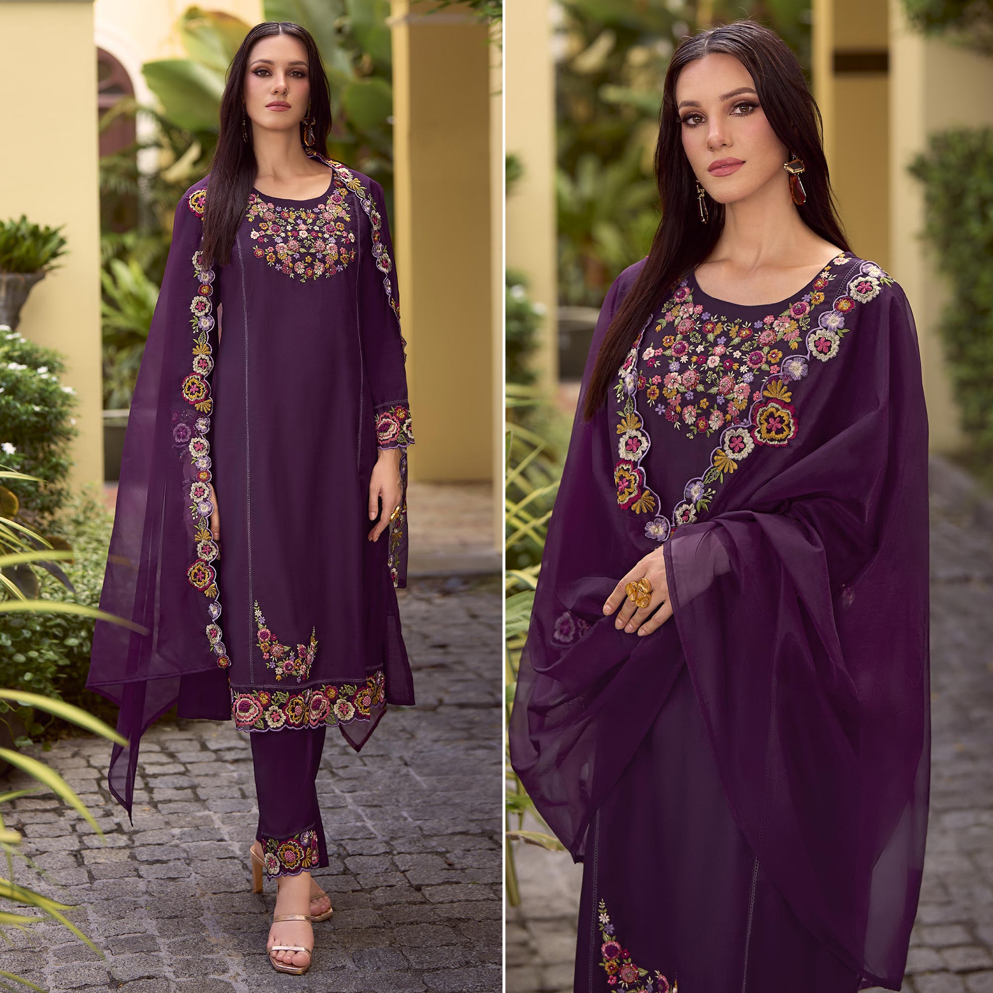 Purple Floral Handwork Embroidered Viscose Salwar Suit