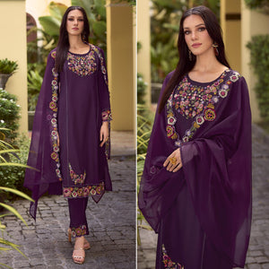 Purple Floral Handwork Embroidered Viscose Salwar Suit