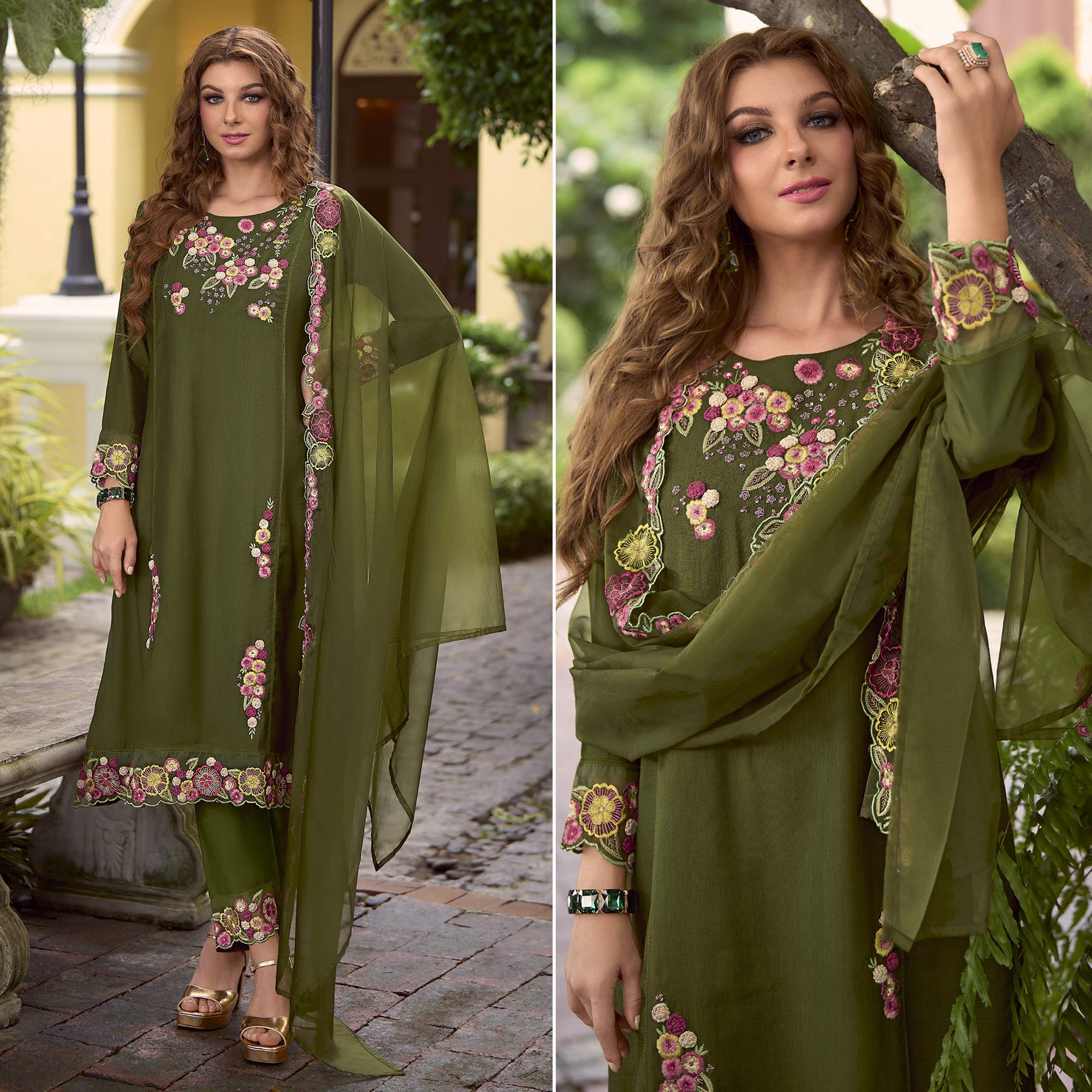 Green Floral Handwork Embroidered Viscose Salwar Suit