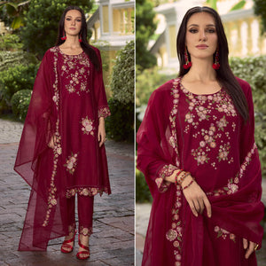 Maroon Floral Handwork Embroidered Viscose Salwar Suit
