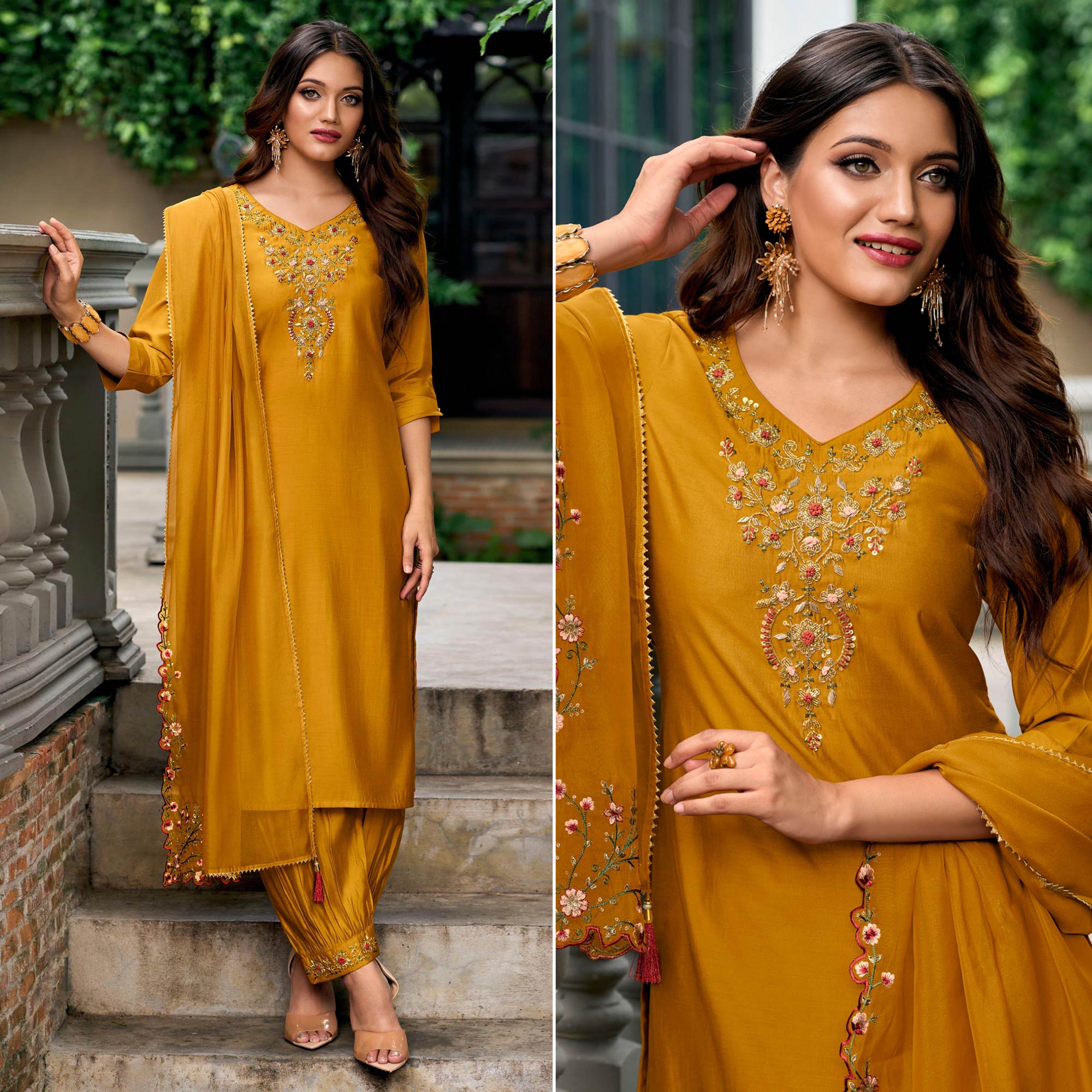 Mustard Floral Embroidery Chanderi Silk Suit