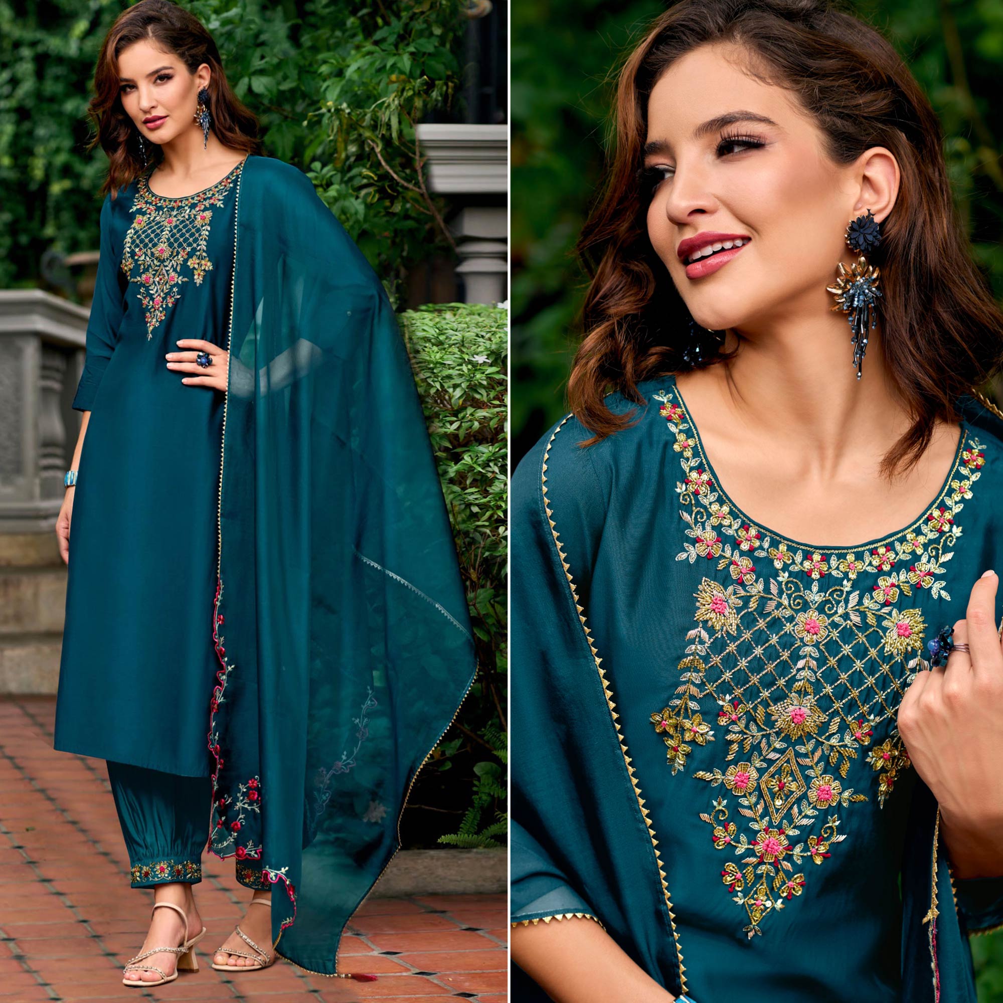 Morpich Floral Embroidery Chanderi Silk Suit