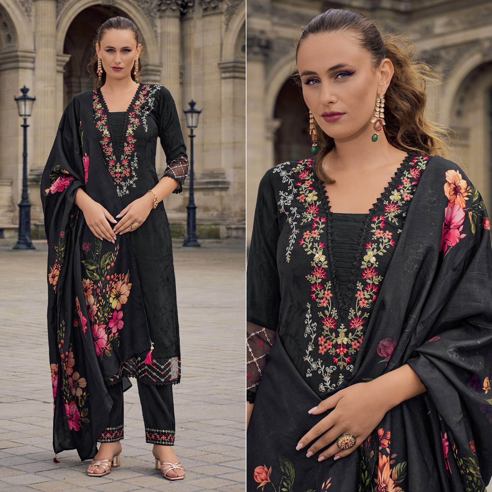 Black Floral Sequins Embroidery With Handwork Viscose Salwar Suit