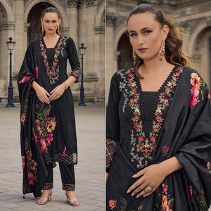 Black Floral Sequins Embroidery With Handwork Viscose Salwar Suit