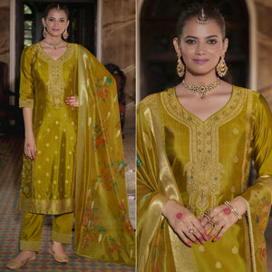 Olive Green Floral Woven With Handwork Organza Salwar Suit