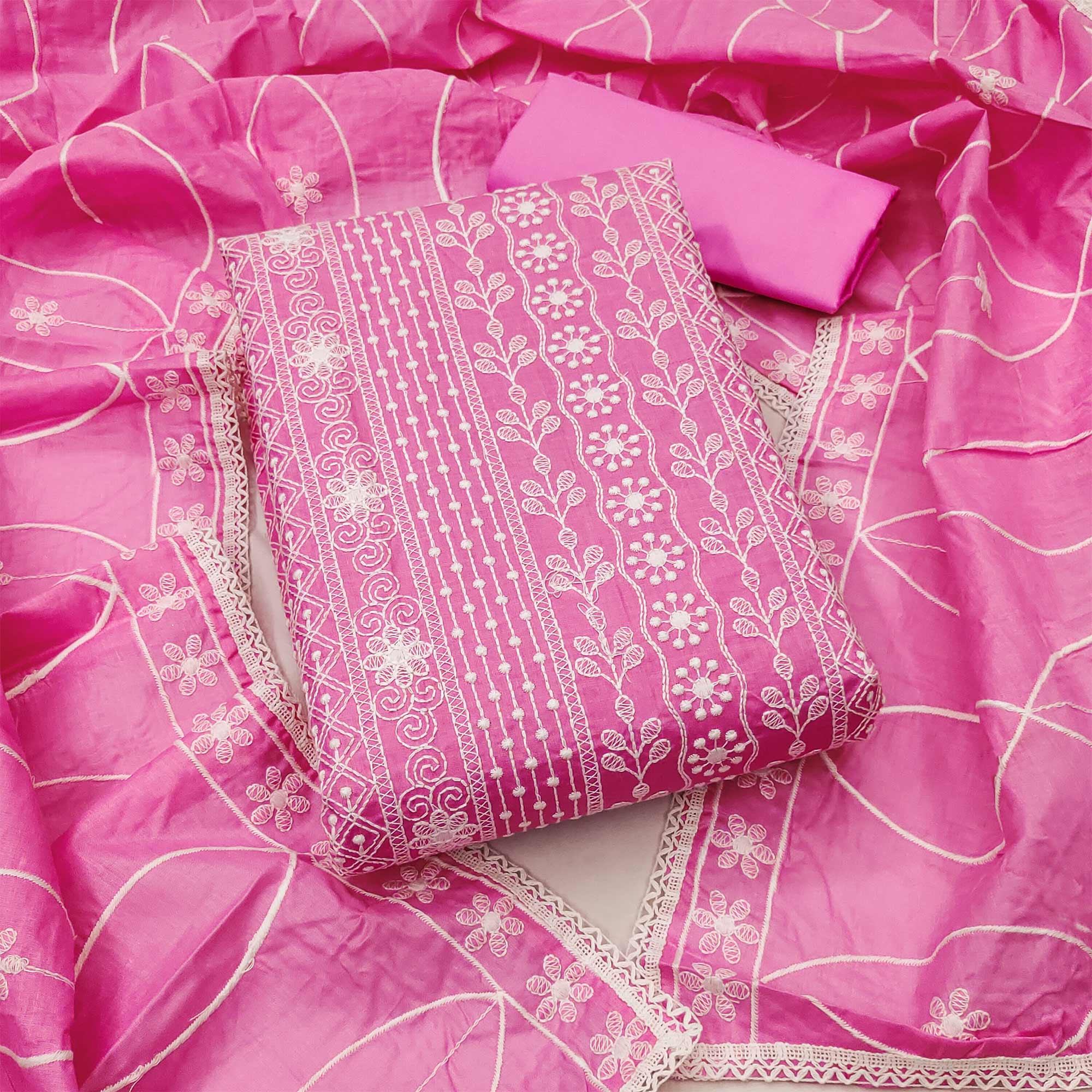 Pink Floral Embroidered Pure Cotton Dress Material