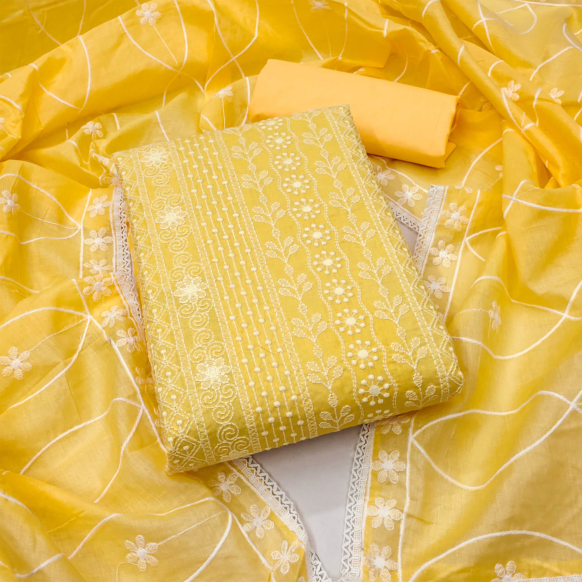 Yellow Floral Embroidered Pure Cotton Dress Material