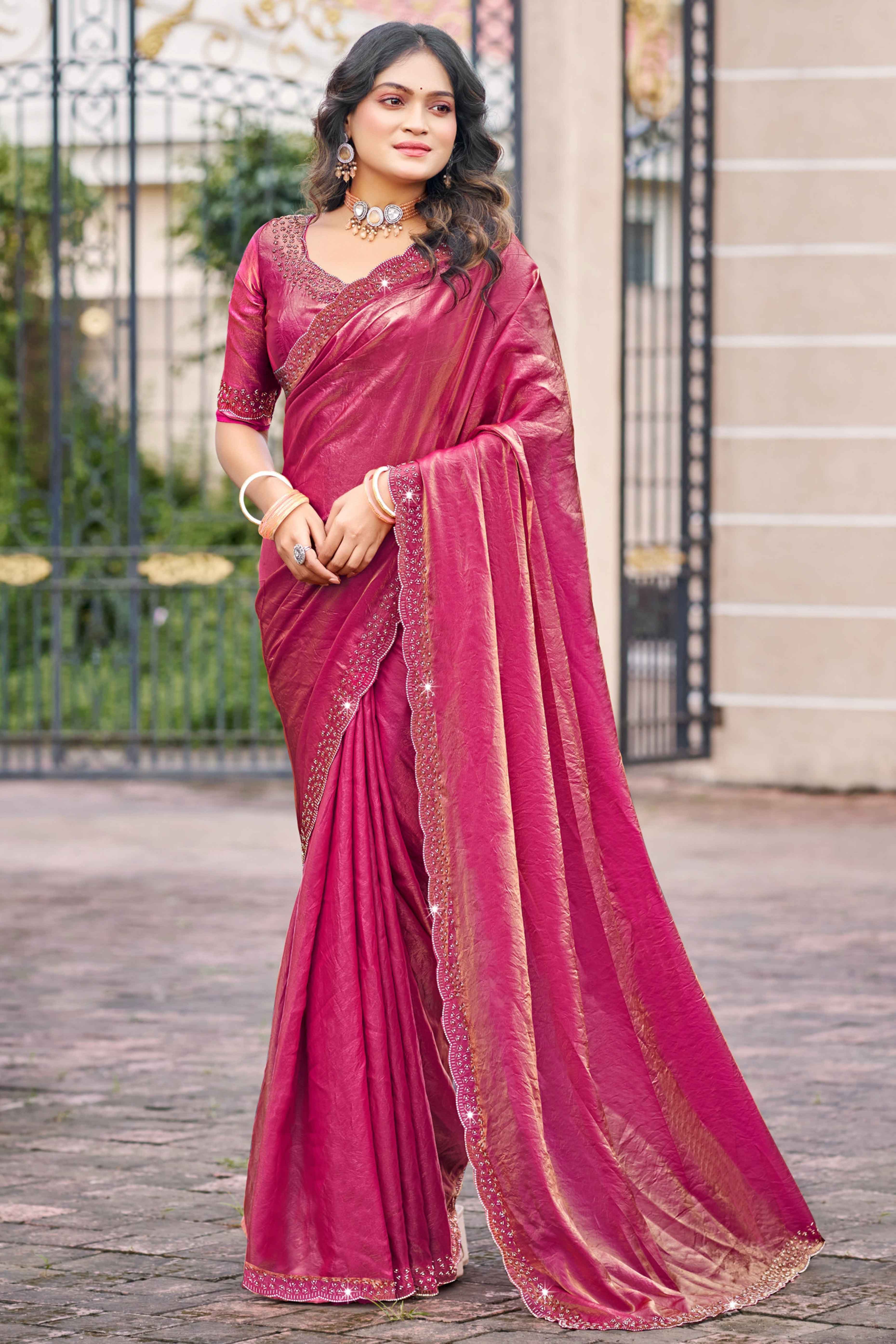 Designer Pink Satin Saree Featuring Elegant Beads and Stone Embellishments