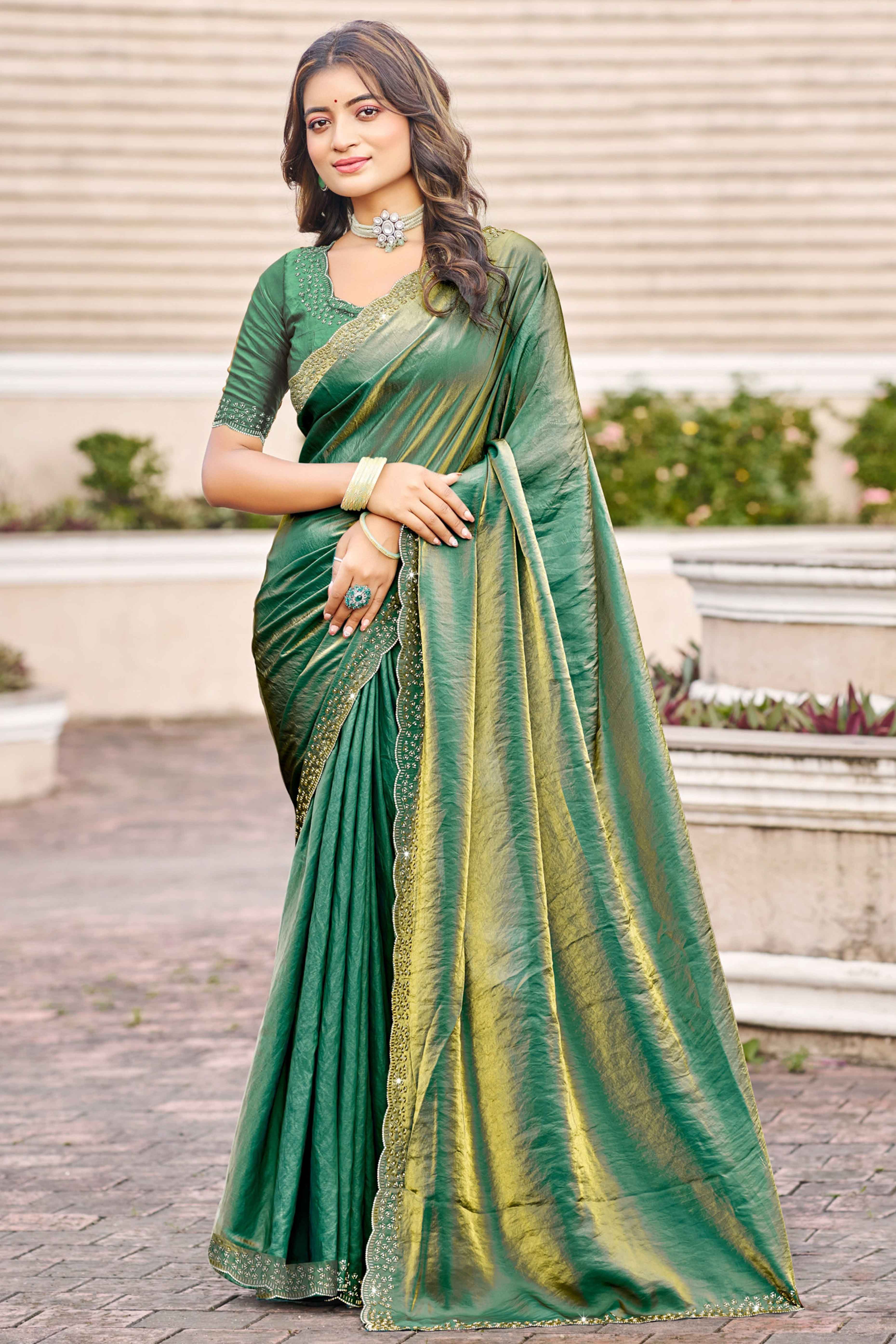 Designer Emerald Green Satin Saree Featuring Elegant Beads and Stone Embellishments