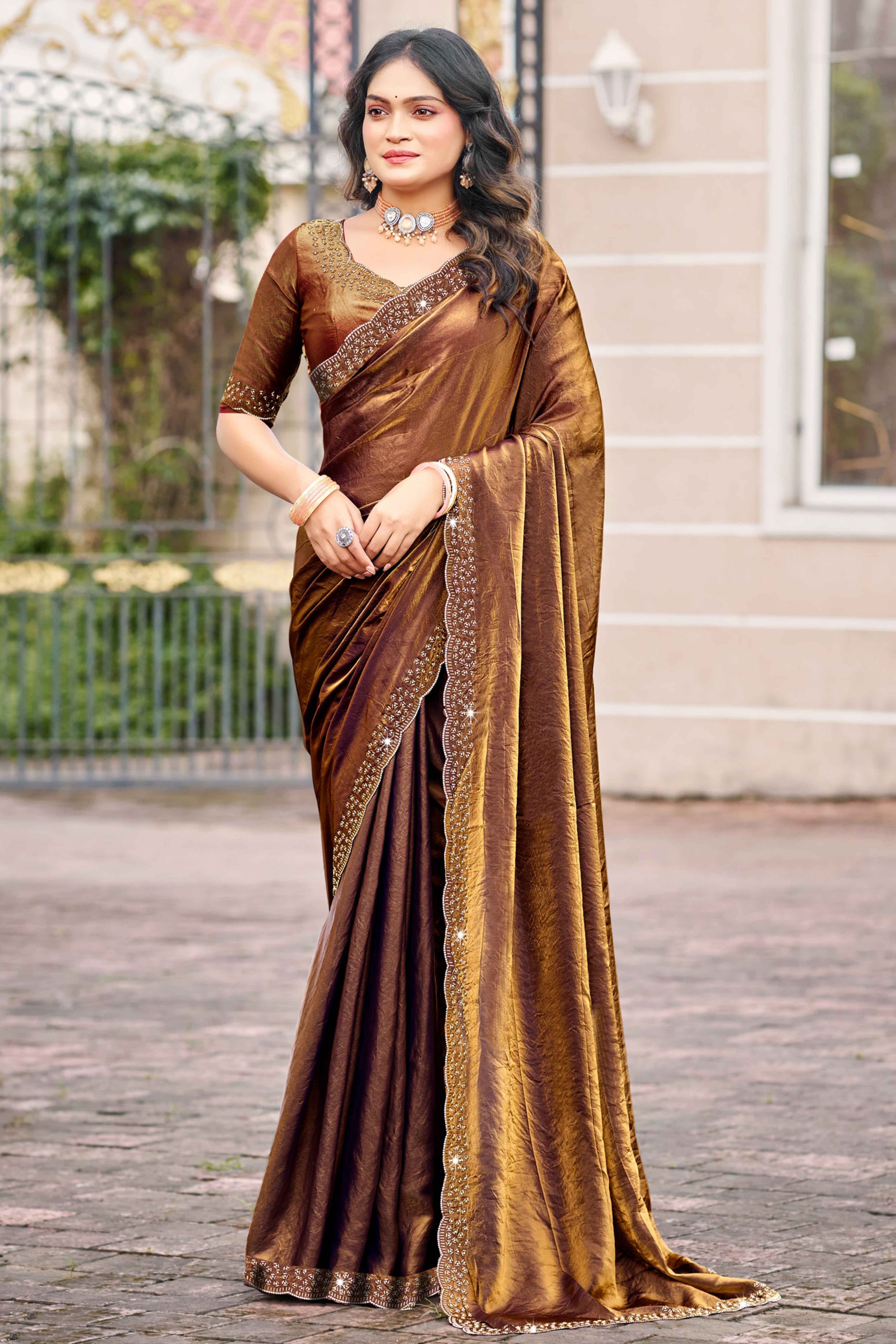 Designer Brown Satin Saree Featuring Elegant Beads and Stone Embellishments