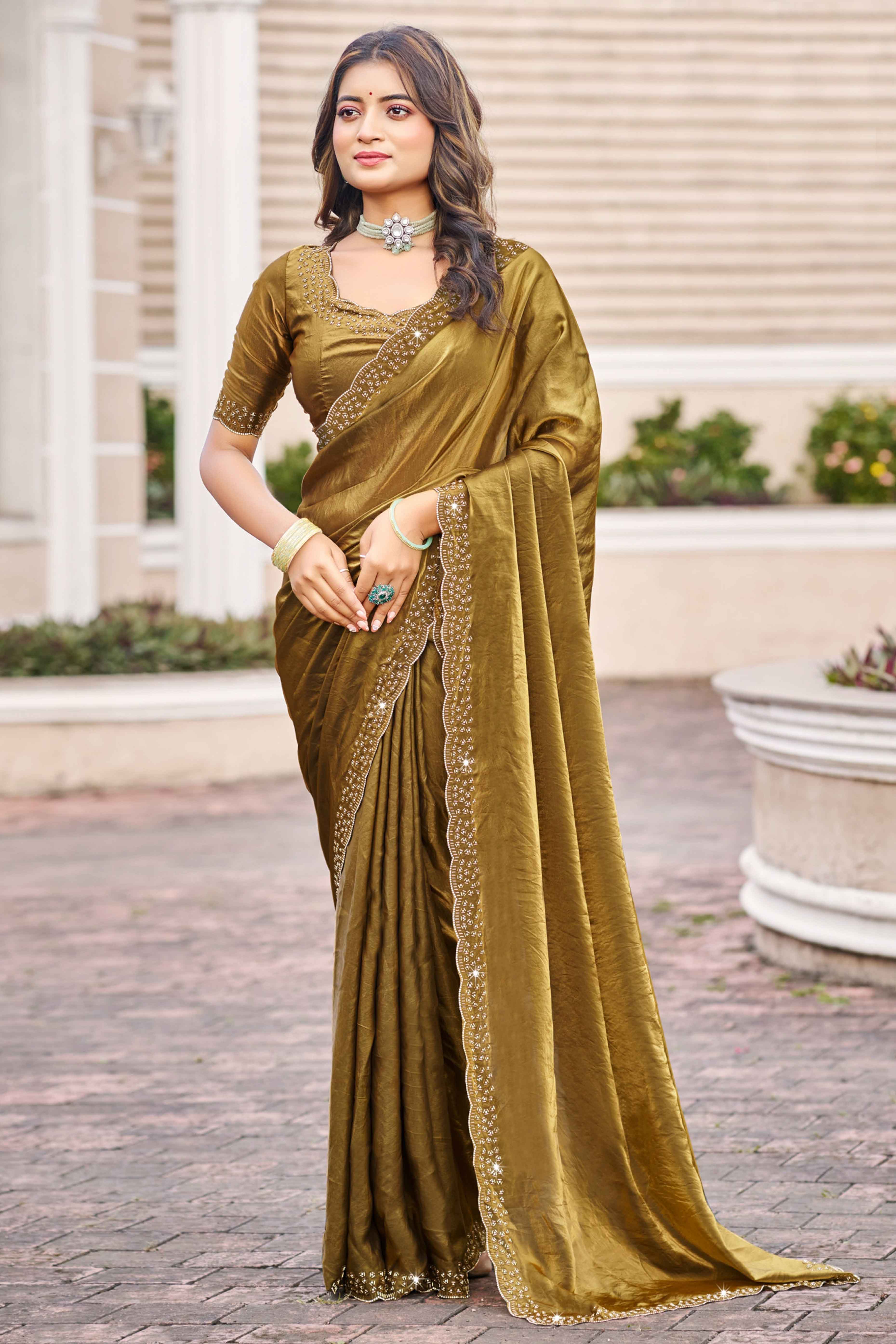 Designer Olive Satin Saree Featuring Elegant Beads and Stone Embellishments