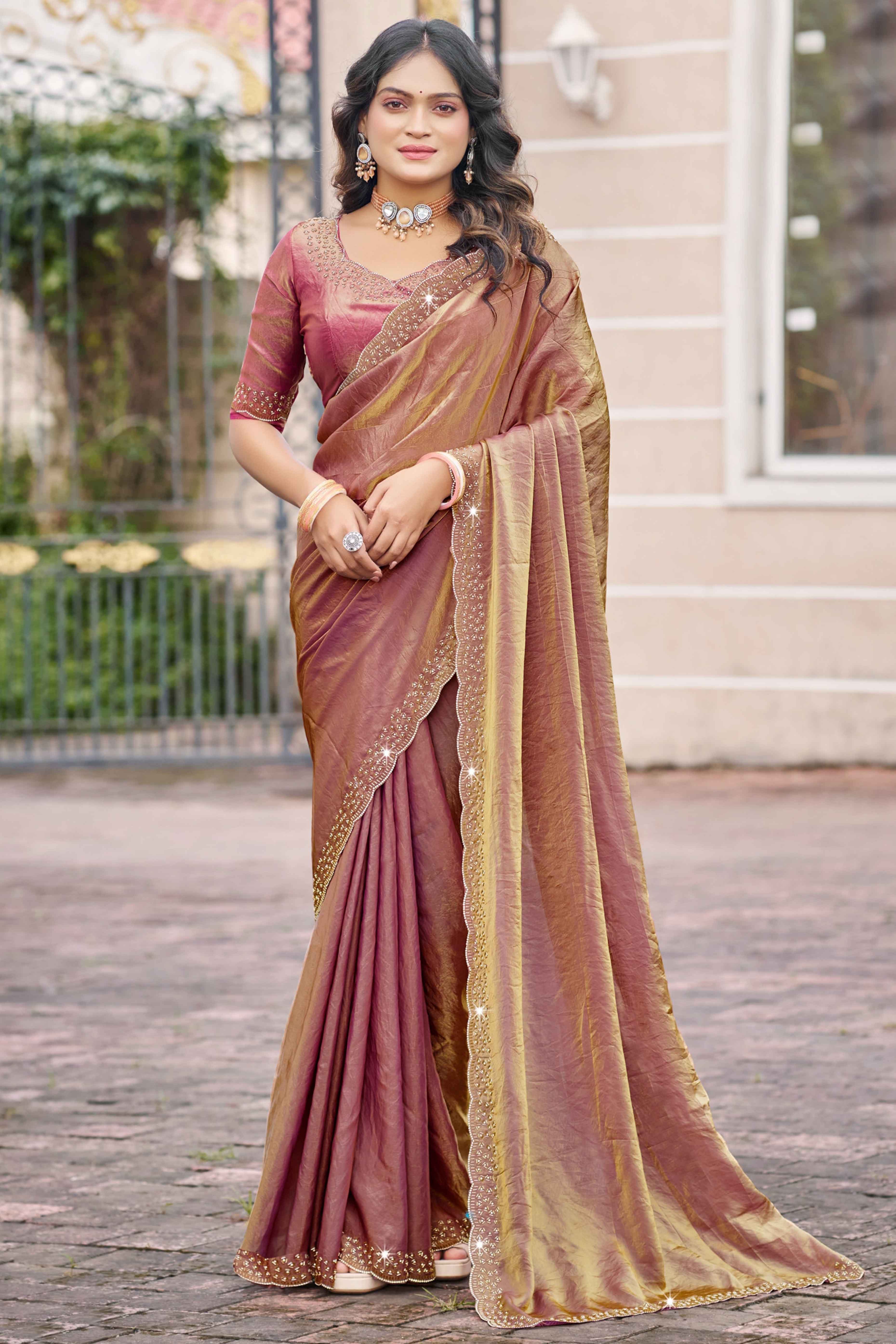 Designer Mauve Satin Saree Featuring Elegant Beads and Stone Embellishments