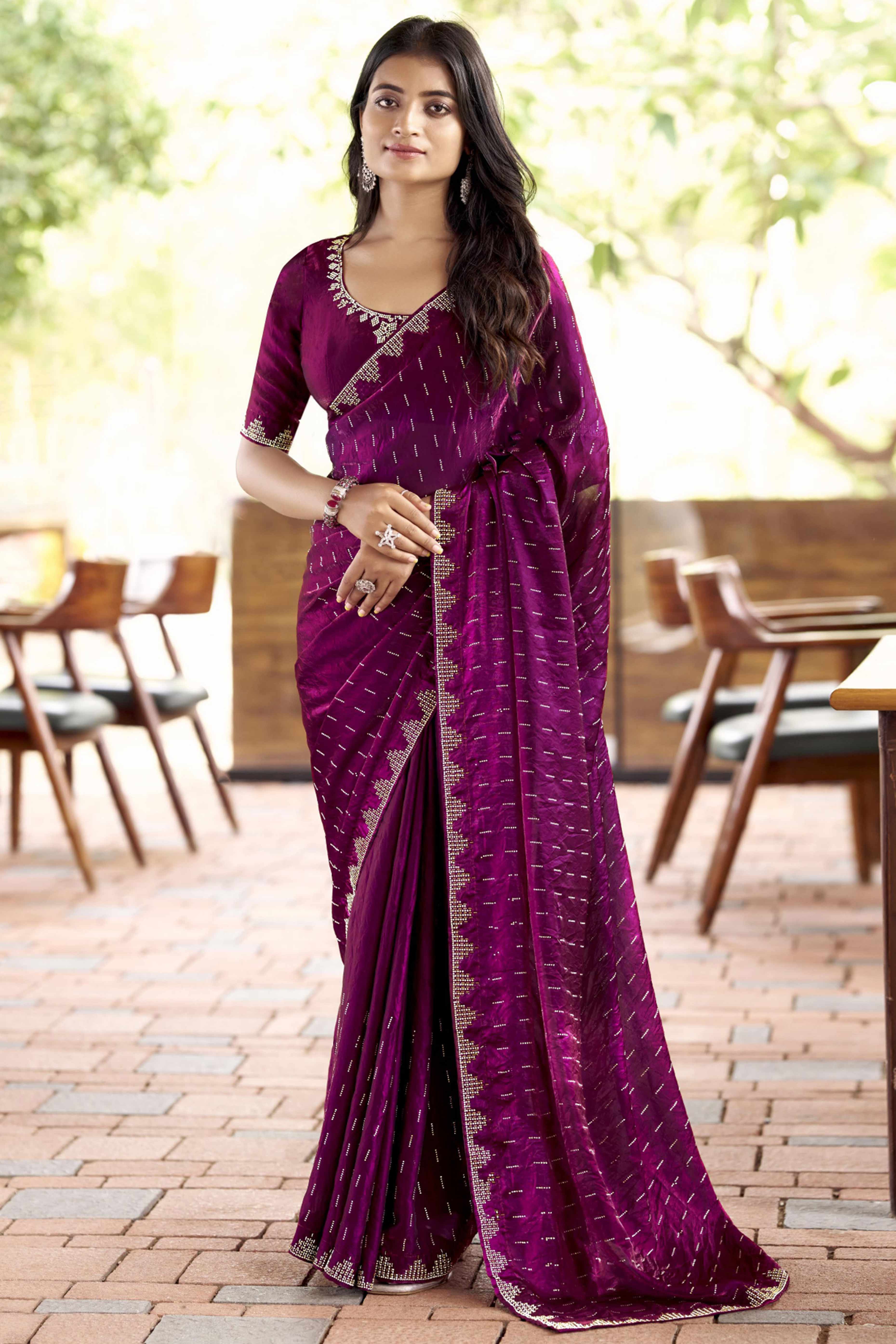 Graceful Magenta Nylon Partywear Saree Adorned with Exquisite Stone Work