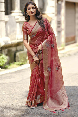 Red Nylon Saree Highlighted with Sparkling Stone Embroidery for Party & Festive Styling