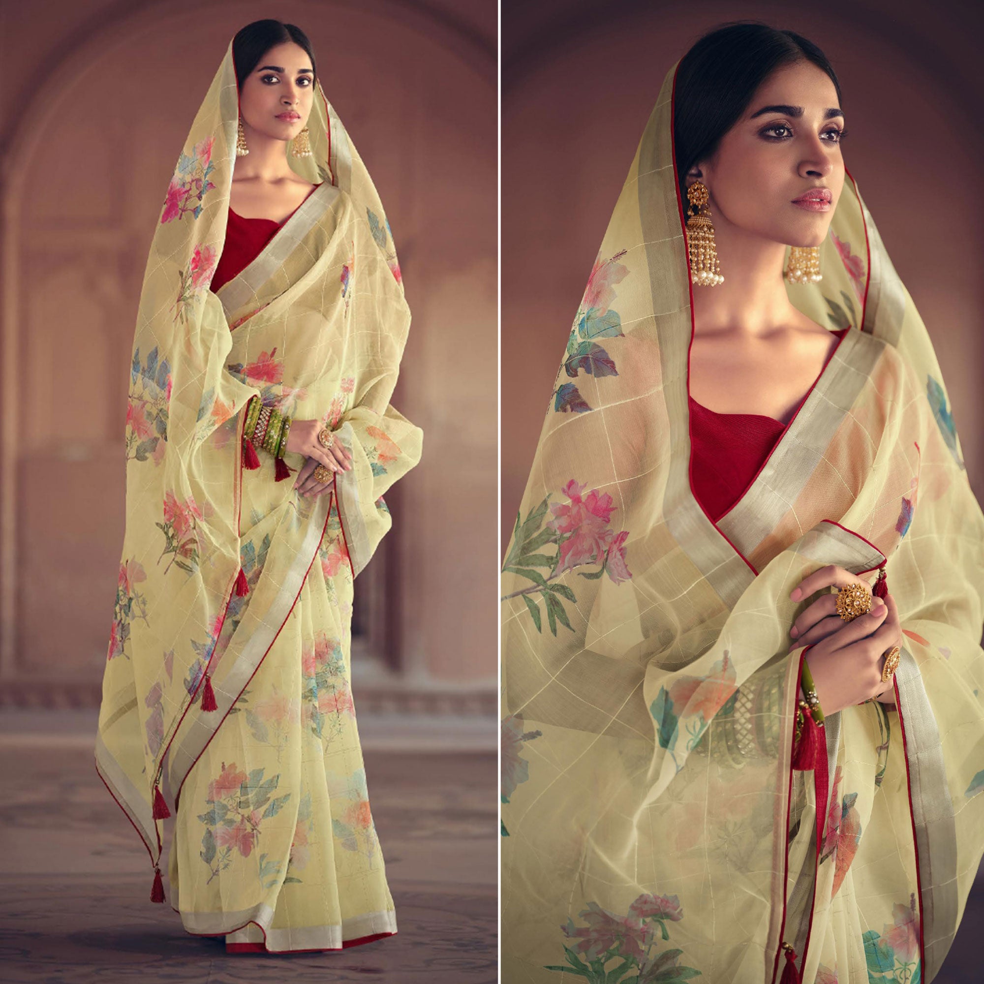 Yellow Floral Printed With Sequins Work Organza Saree With Tassels