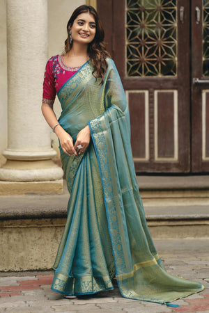 Elegant Rama Blue Partywear Nylon Silk Saree with Stone & Weaving Details