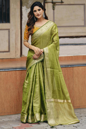 Elegant Green Partywear Nylon Silk Saree with Stone & Weaving Details