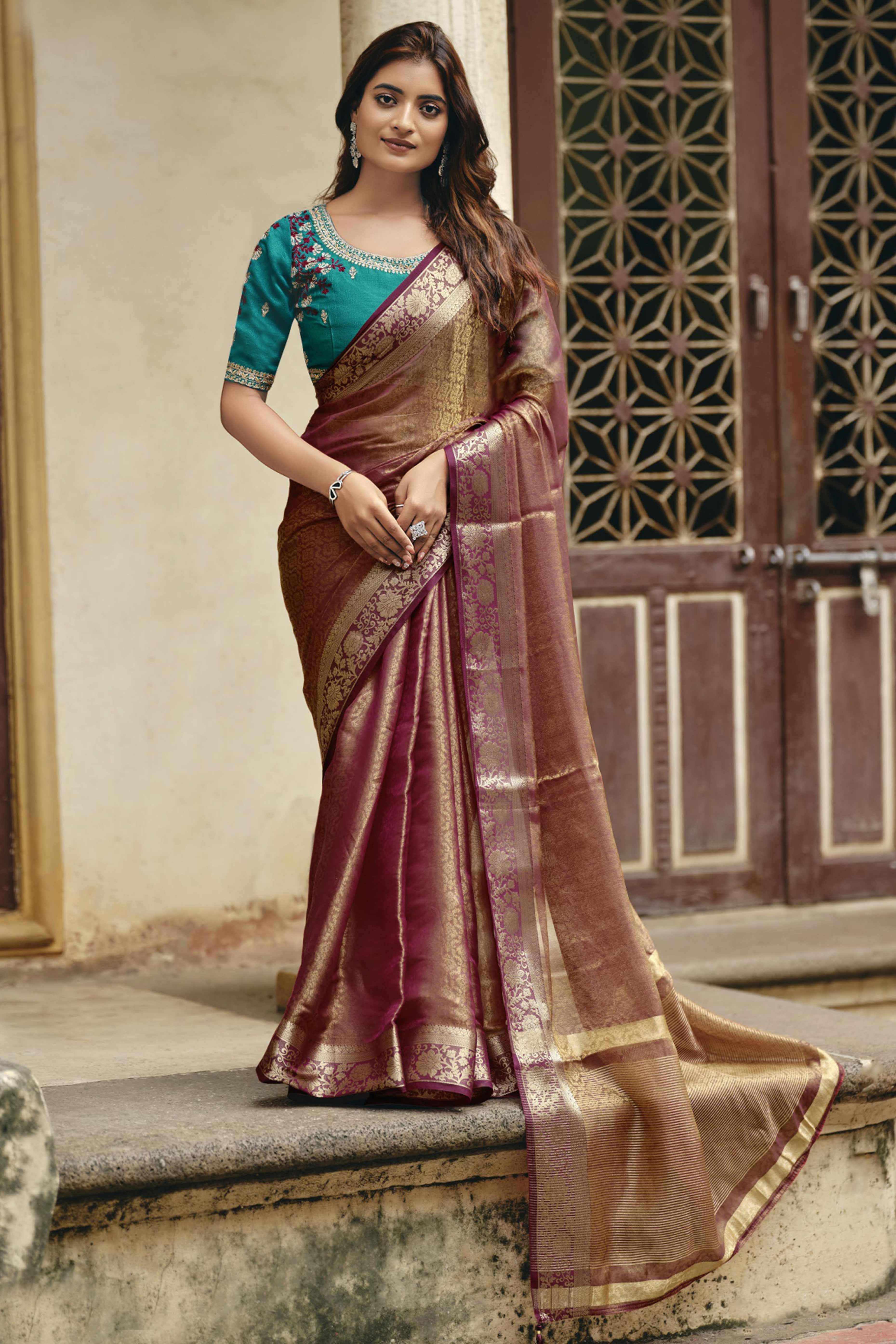 Elegant Purple Partywear Nylon Silk Saree with Stone & Weaving Details