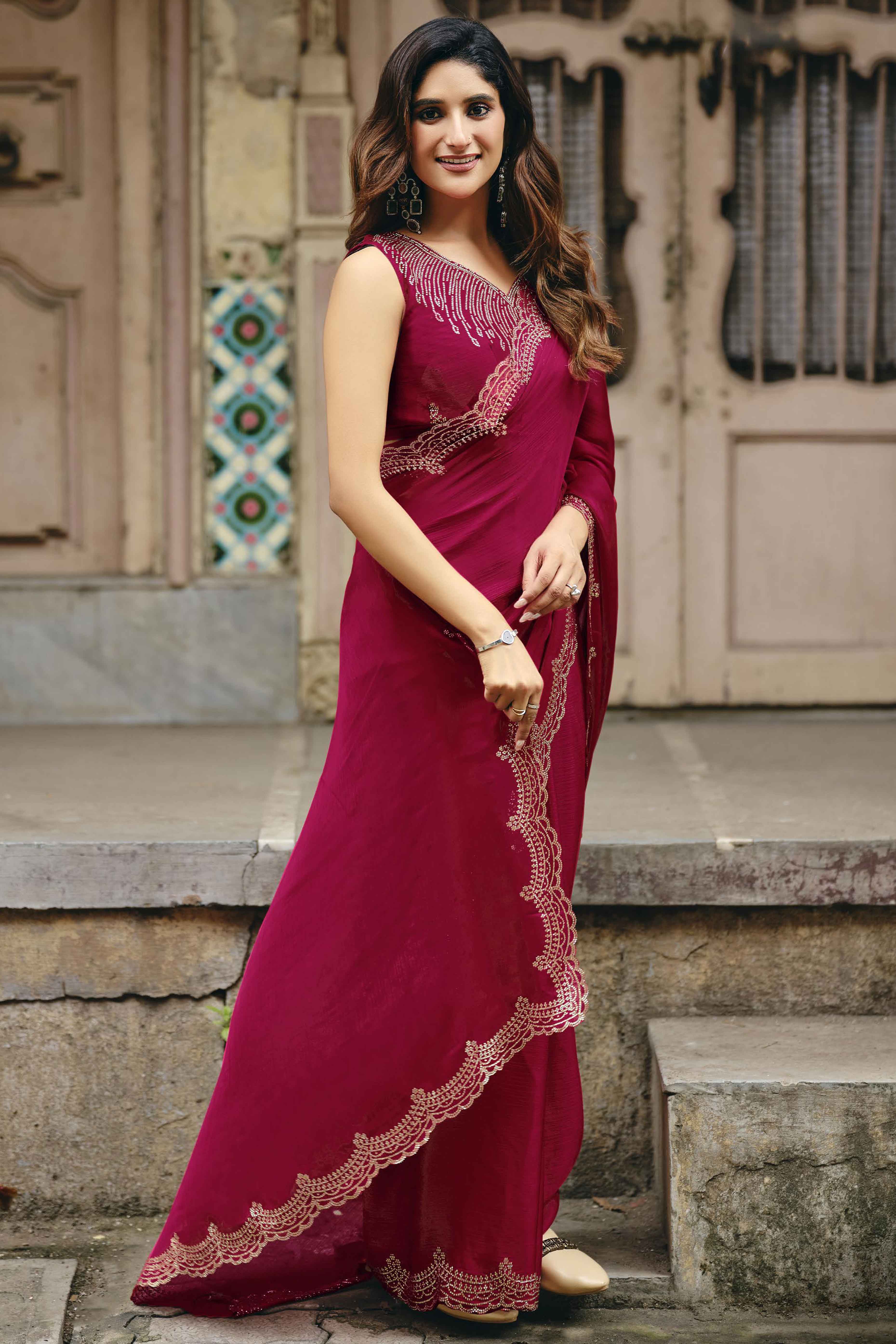 Pink Stone Work Embellished Satin Saree for Glamorous Party Look