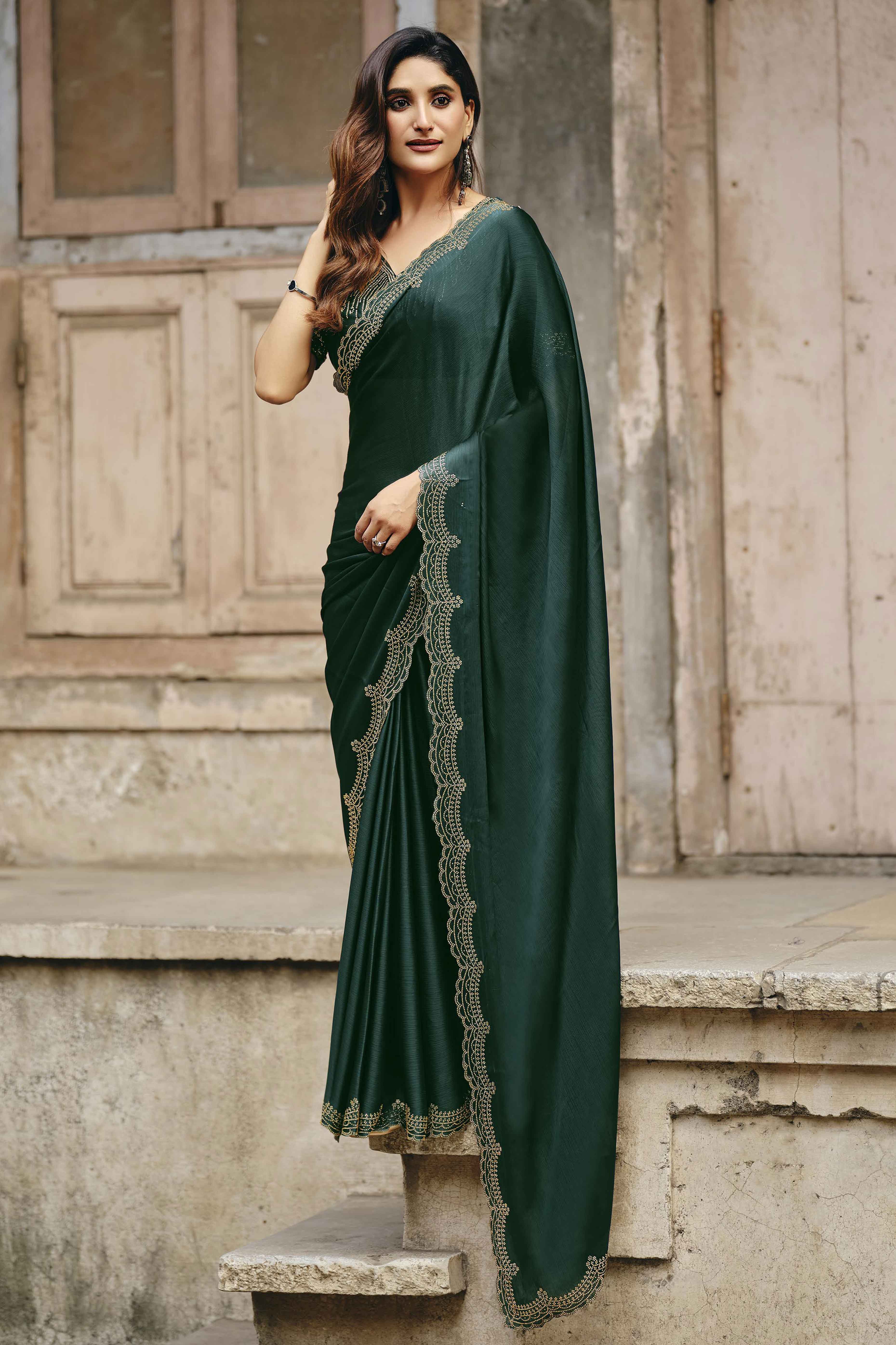 Bottle Green Stone Work Embellished Satin Saree for Glamorous Party Look